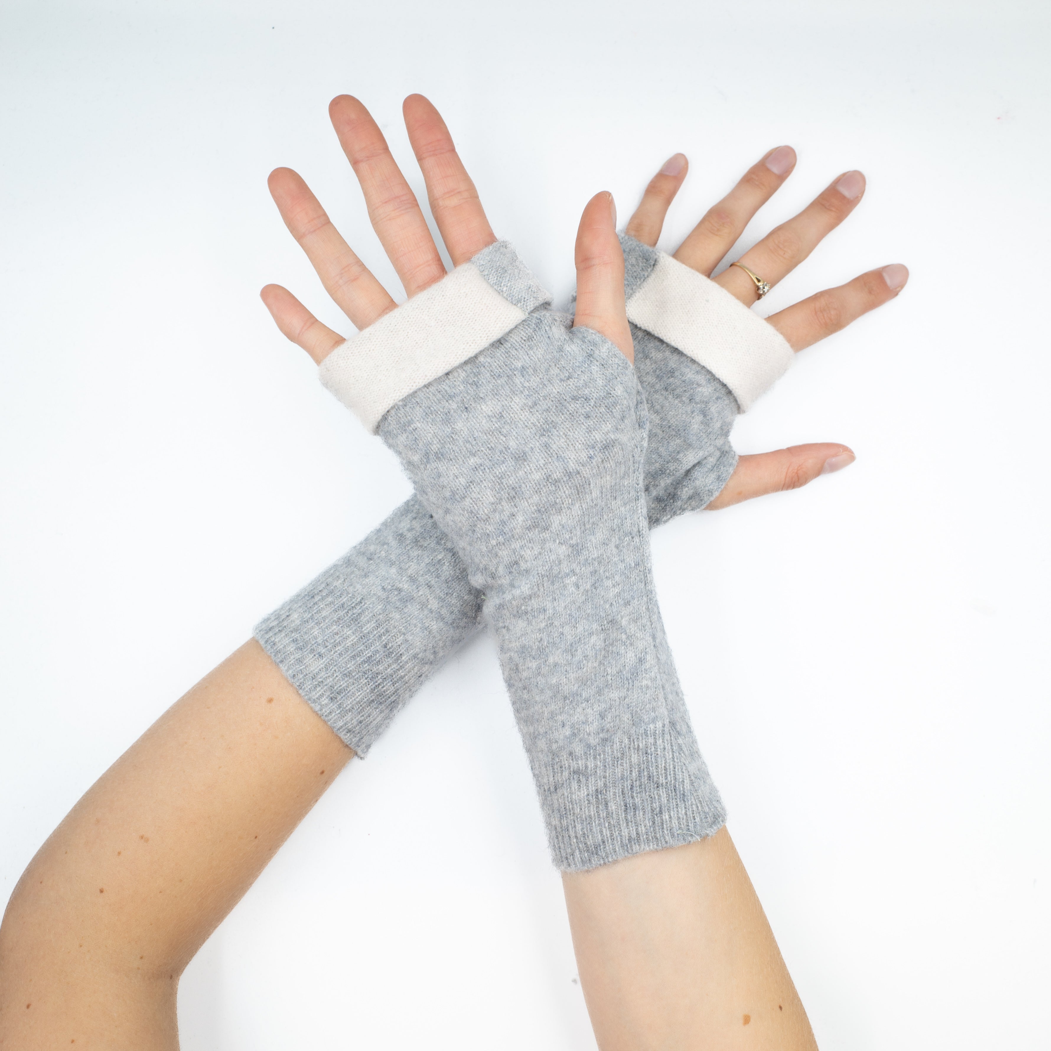 Pale Grey and White Stripe Fingerless Gloves
