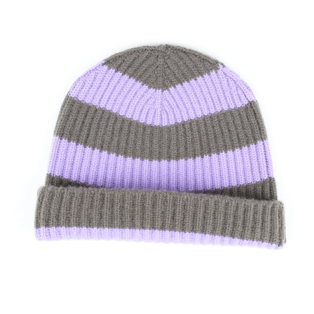 Scottish Lavender and Mocha Stripe Luxury Chunky Cashmere Beanie Hat