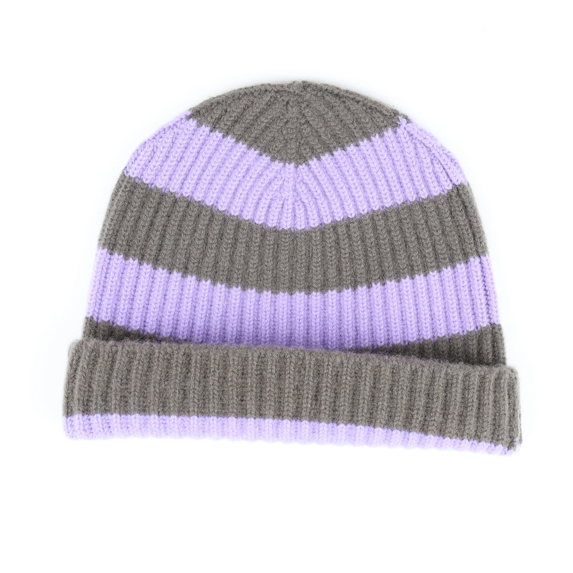 Scottish Lavender and Mocha Stripe Luxury Chunky Cashmere Beanie Hat