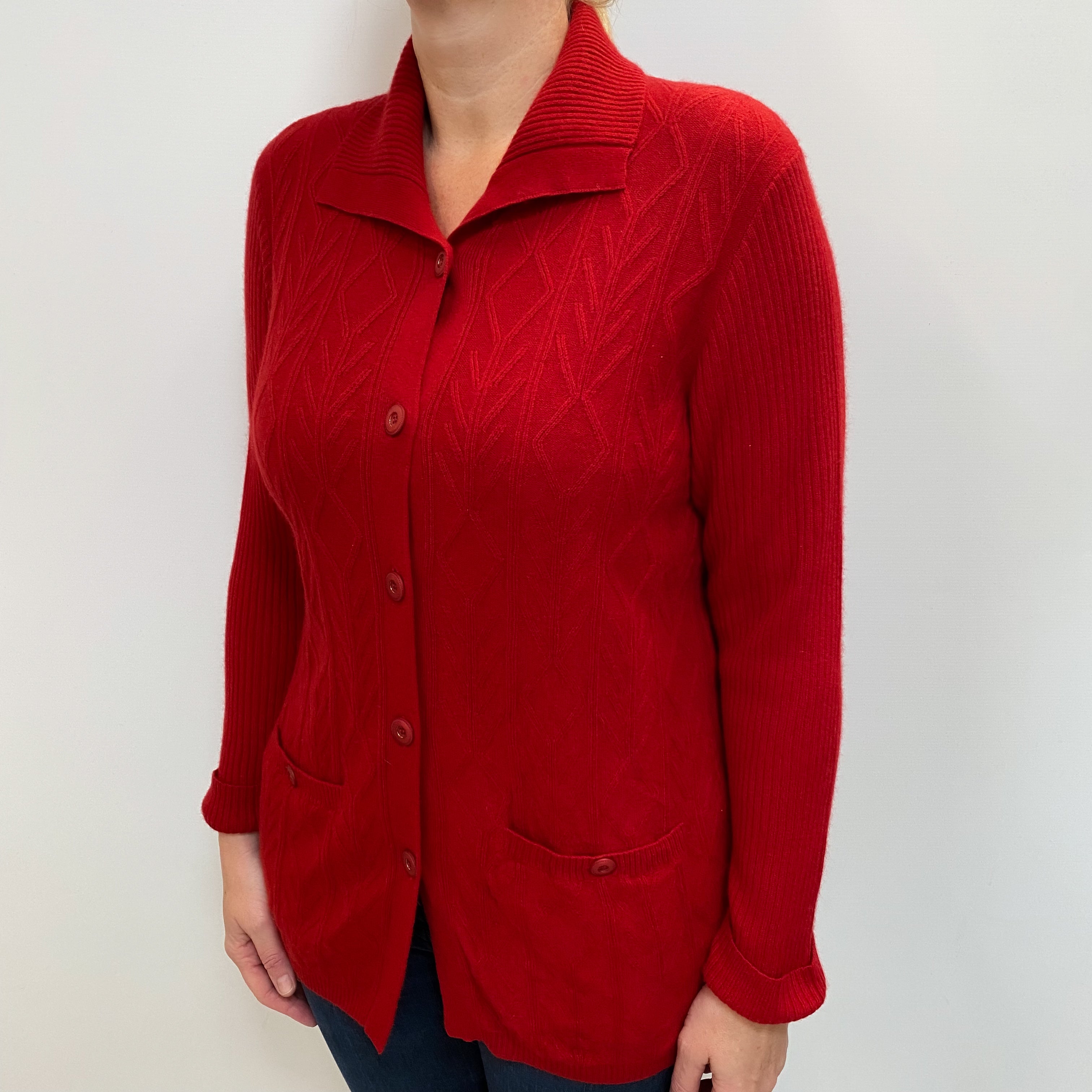 Crimson Red Cashmere Collared Cardigan with Pockets Large