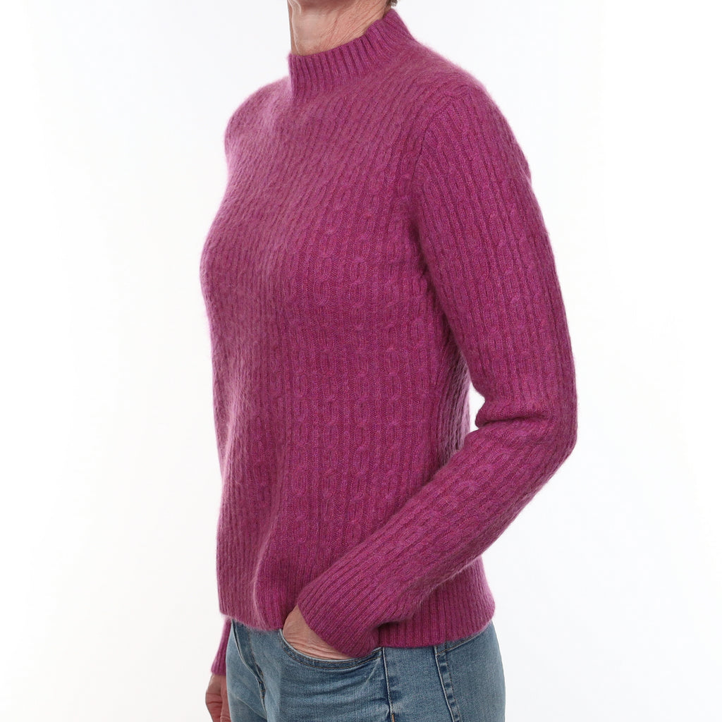 Magenta Pink Chunky Cable Cashmere Turtle Neck Jumper Small
