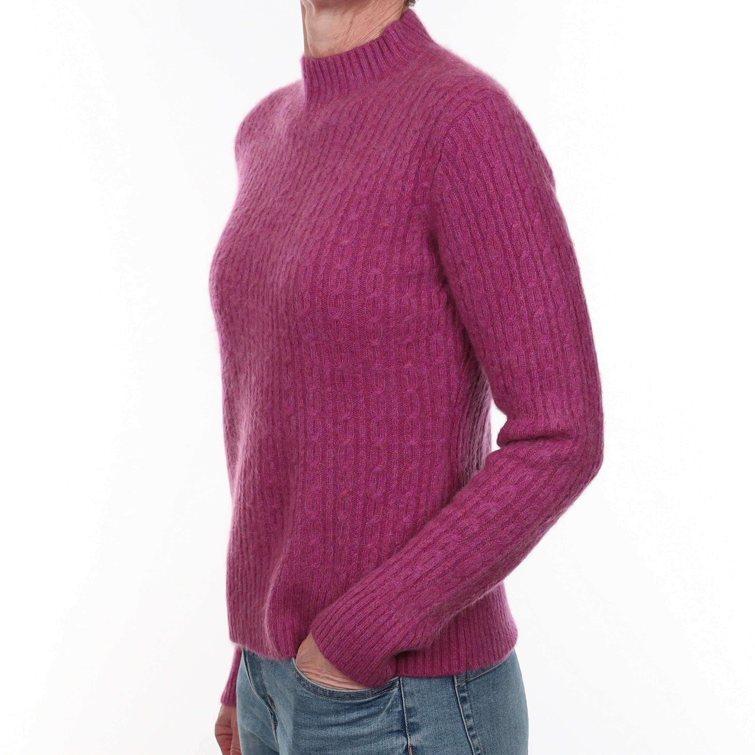 Magenta Pink Chunky Cable Cashmere Turtle Neck Jumper Small