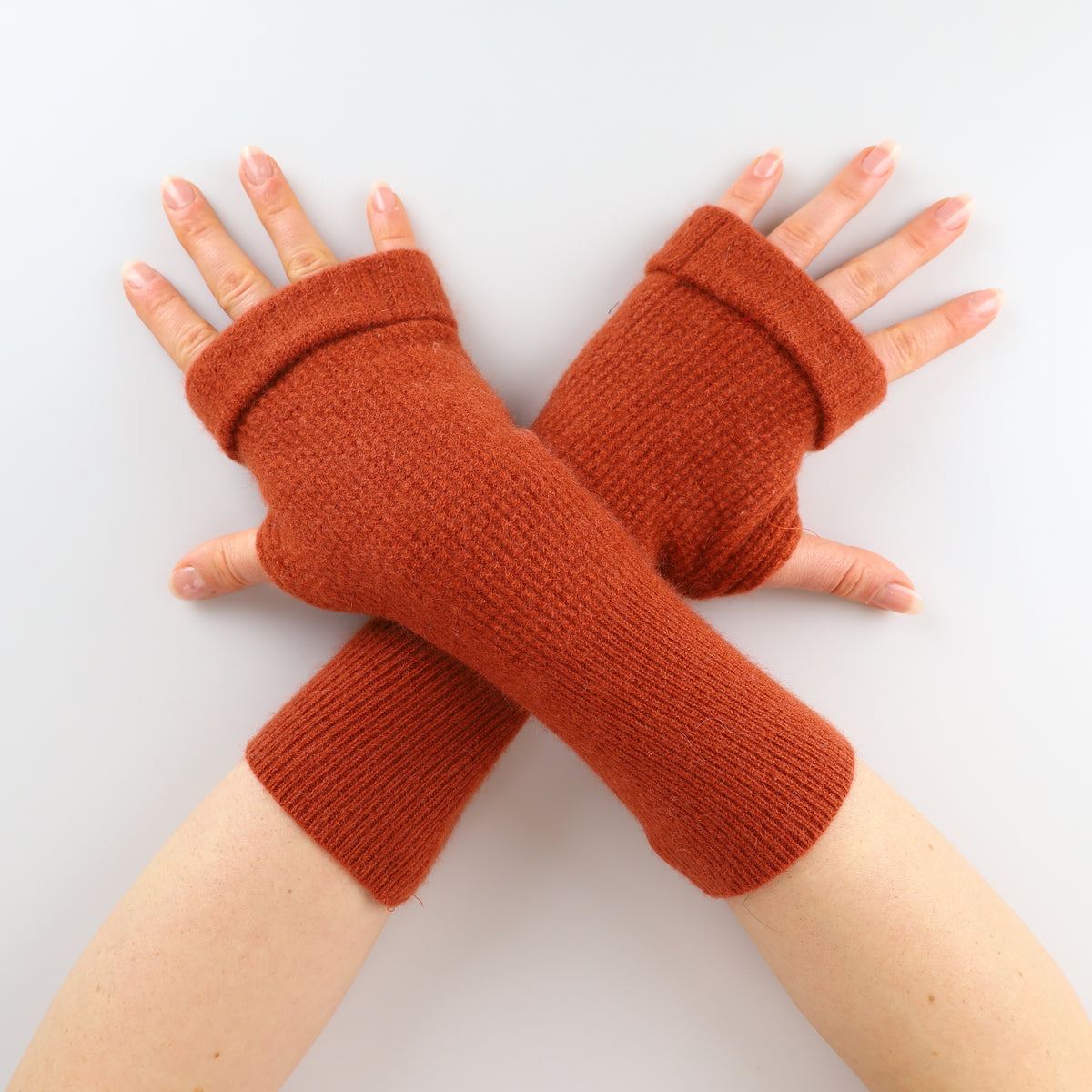 Rust Waffle Knit Fingerless Gloves