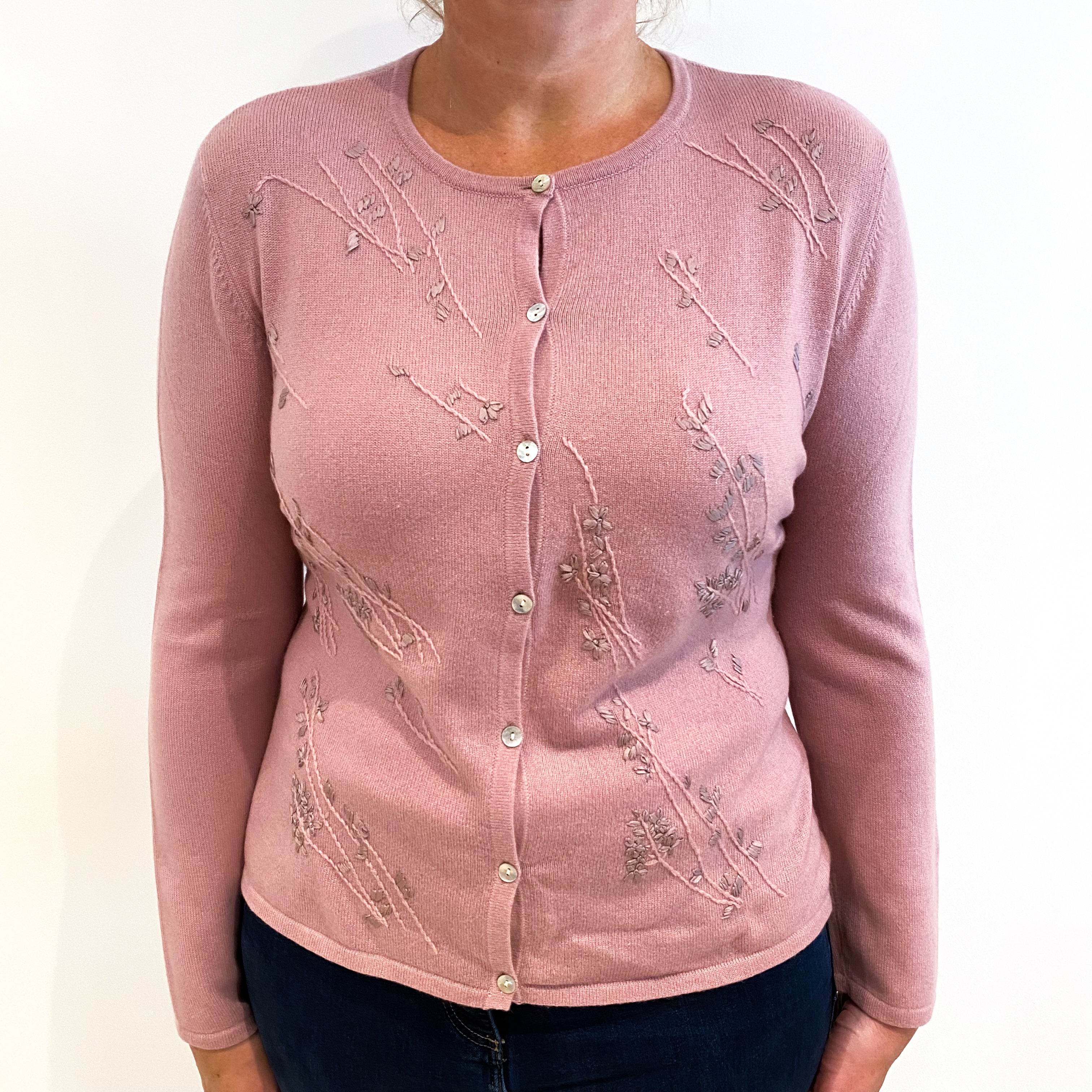 Mauve Pink Embroidered Front Cashmere Crew Neck Cardigan Large