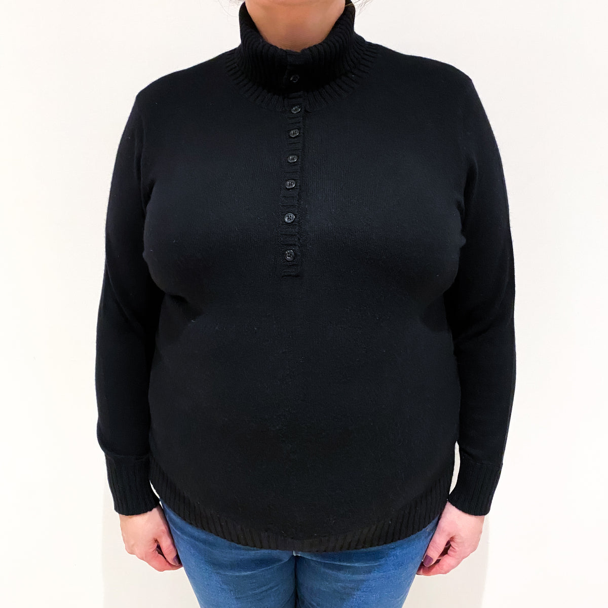 Black Cashmere Buttoned Polo Neck Jumper Extra Large