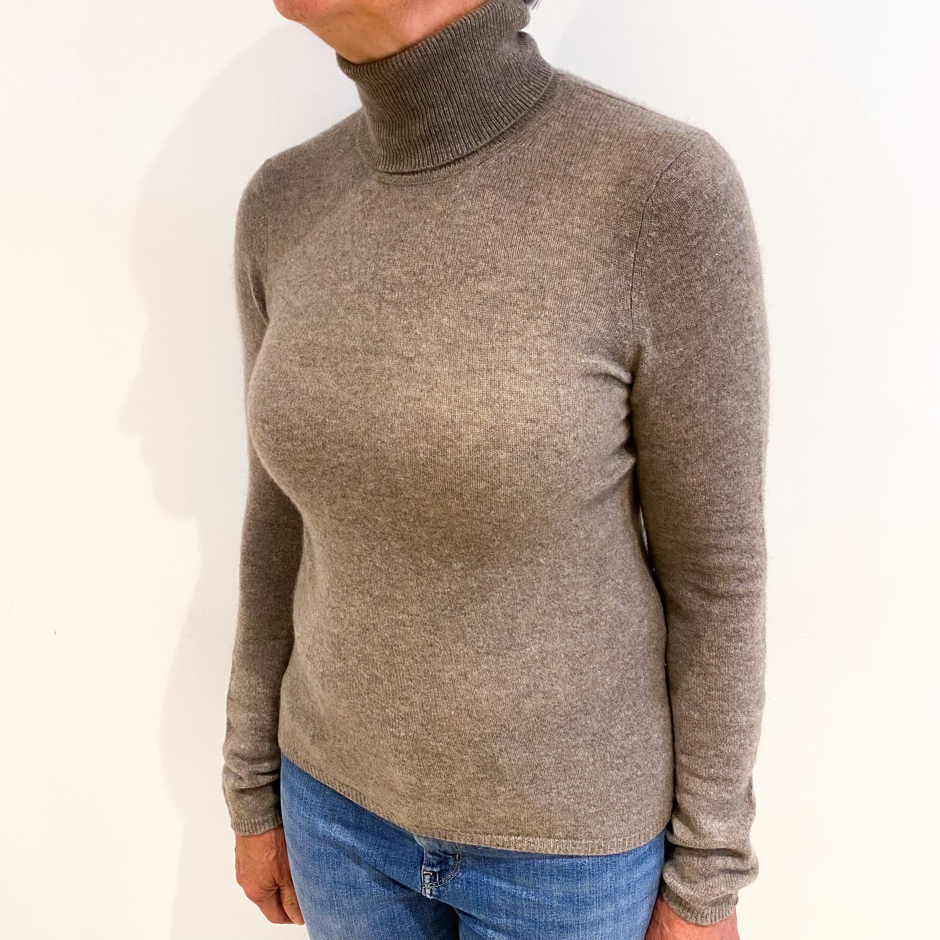 Mocha Brown Cashmere Polo Neck Jumper Medium
