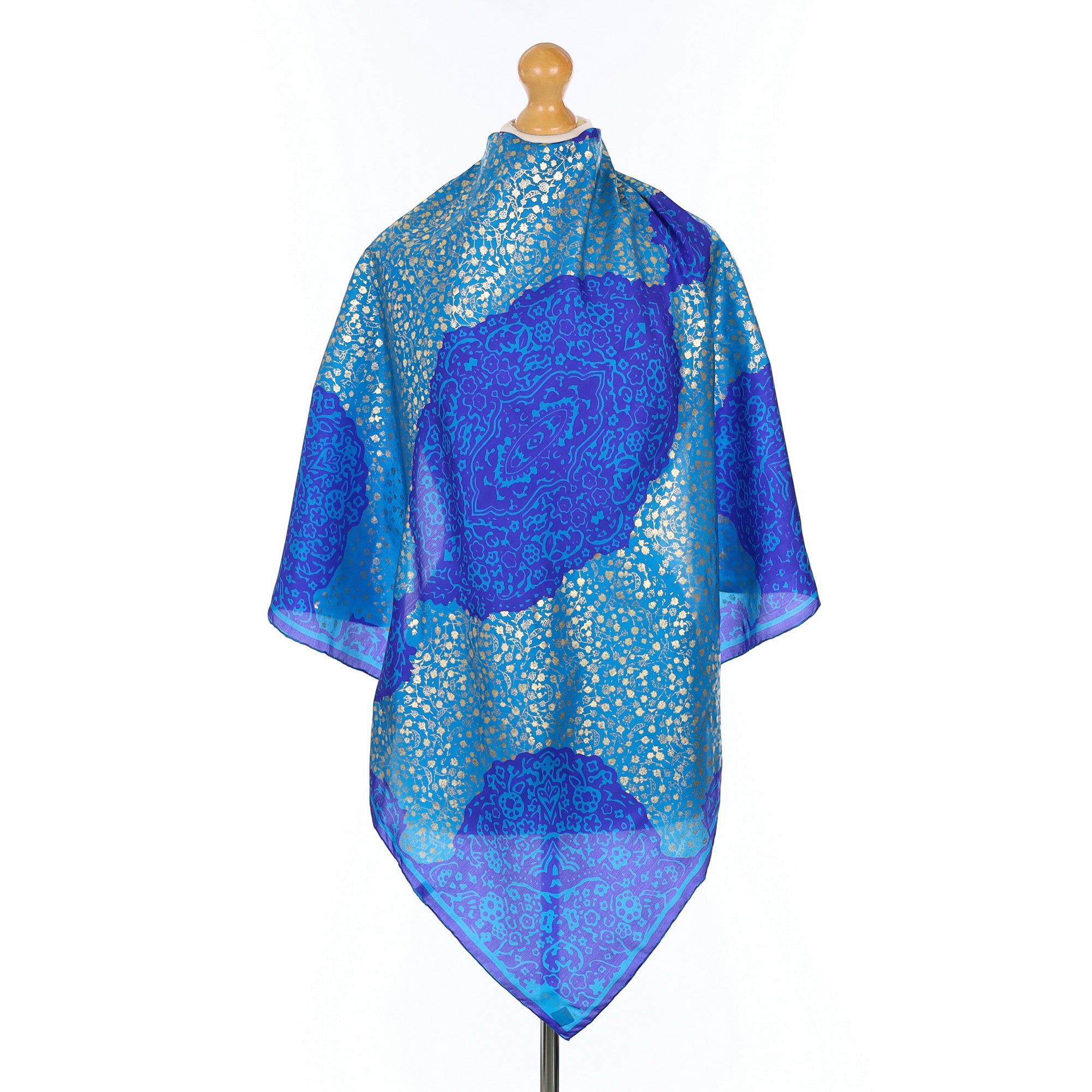 Vakko Blue and Gold Patterned Silk Scarf