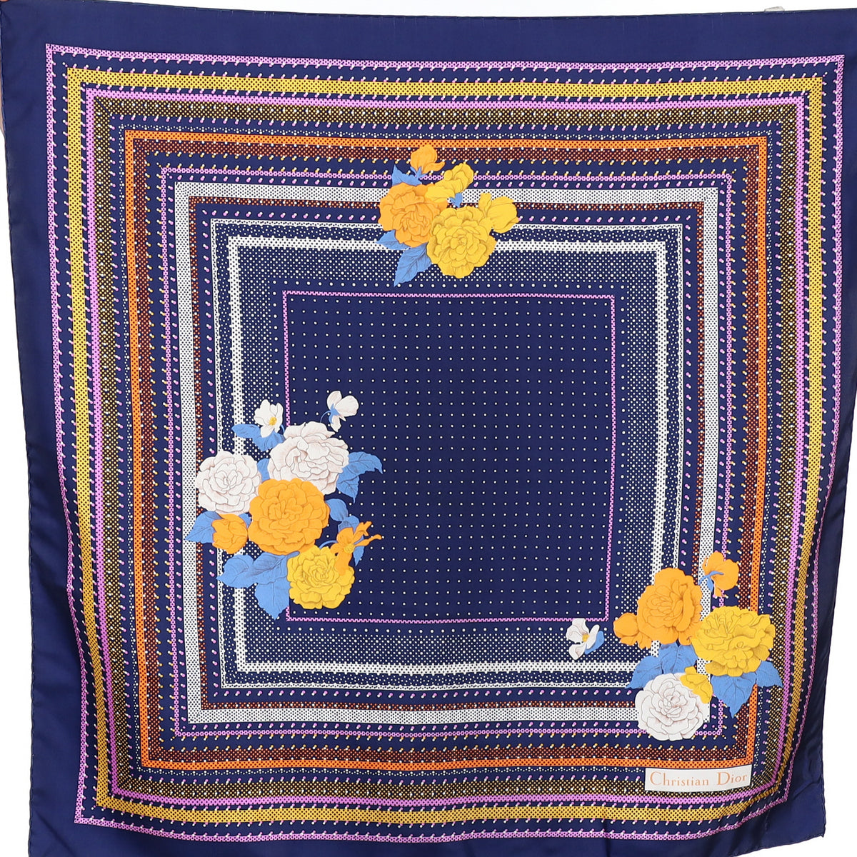 Christian Dior Navy Blue Patterned Vintage Silk Scarf