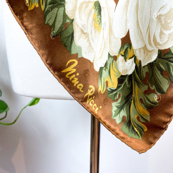 Nina Ricci Floral Satin Designer Vintage Silk Scarf