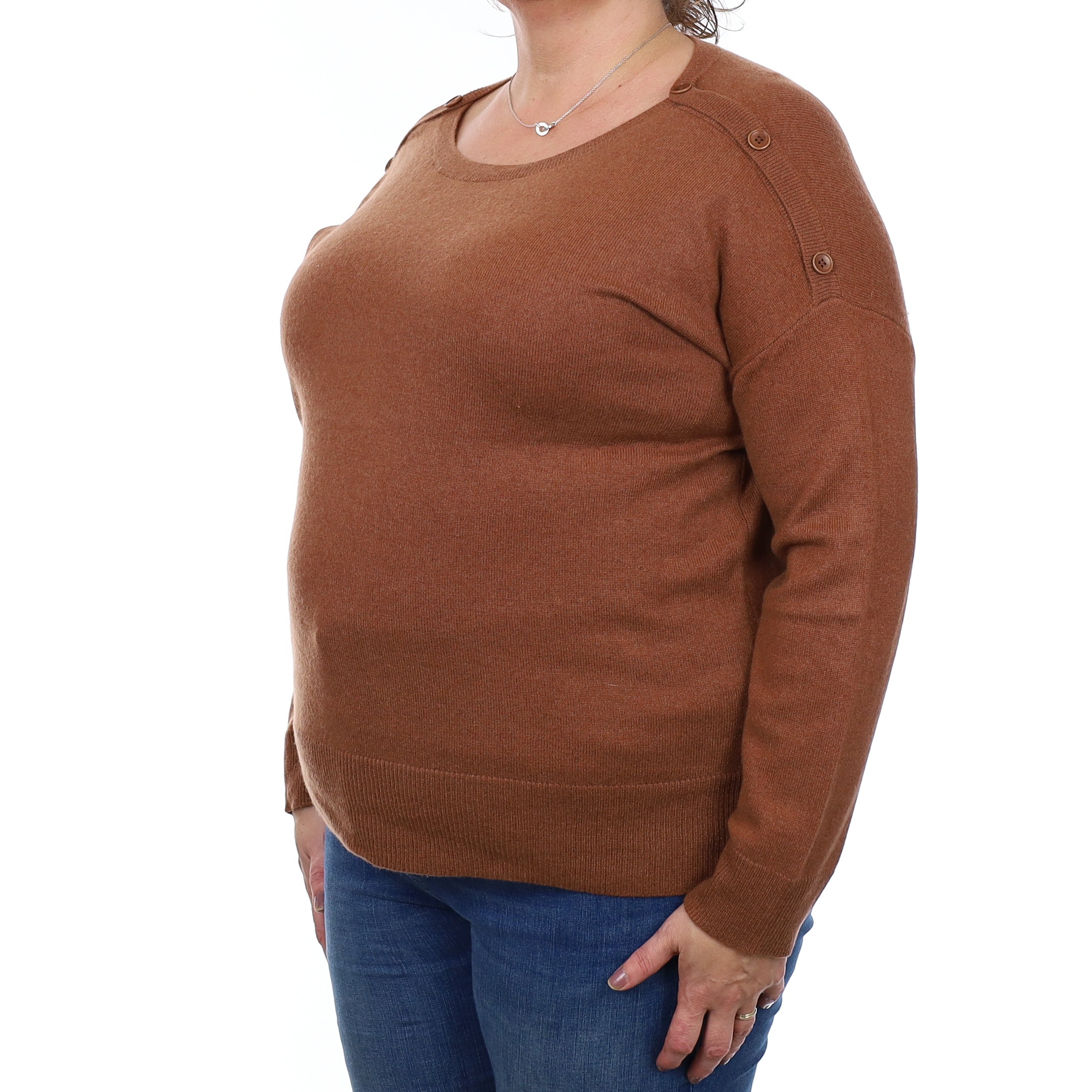 Chestnut Brown Button Detail Cashmere Slash Neck Jumper Extra Large