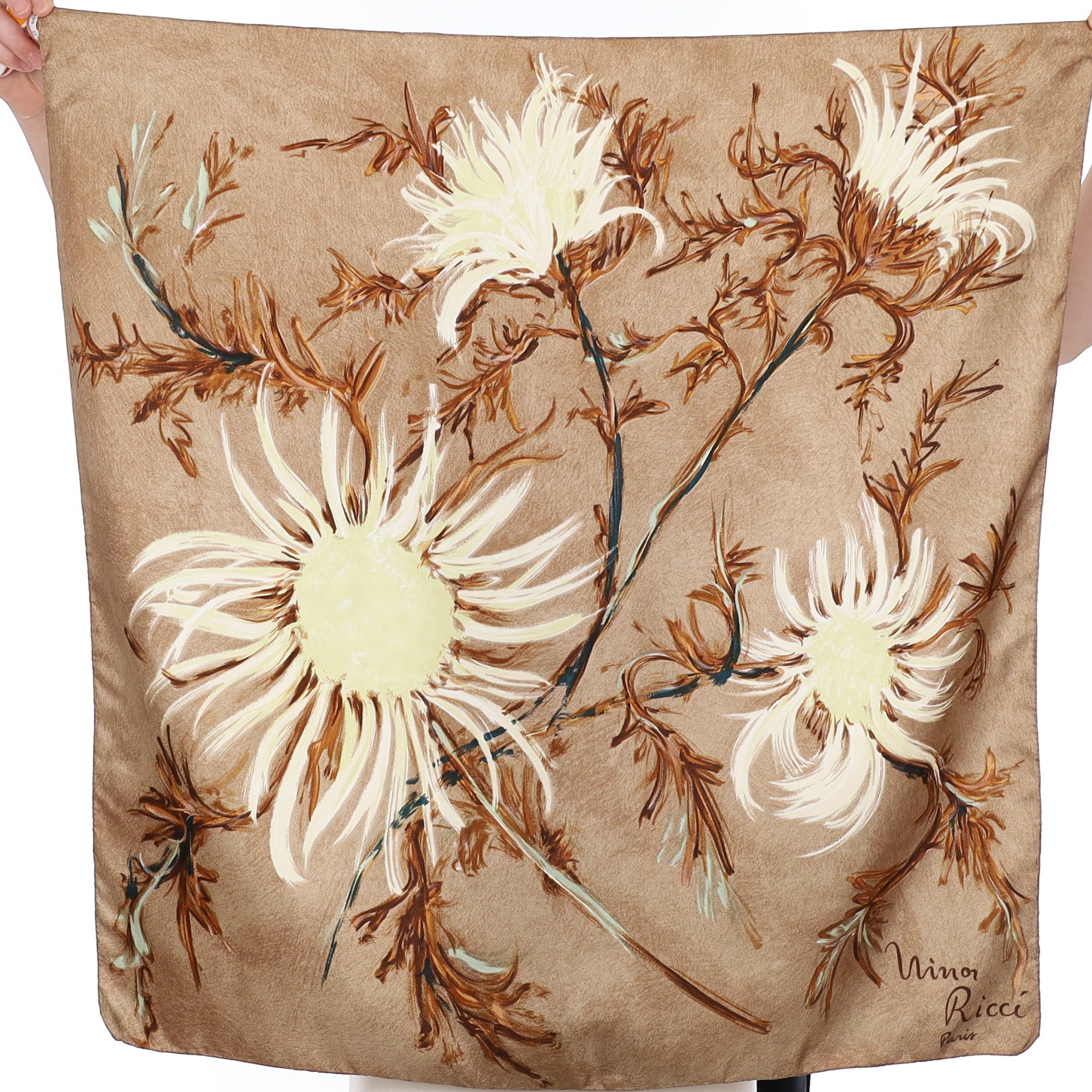 Nina Ricci Brown Floral Vintage Silk Scarf