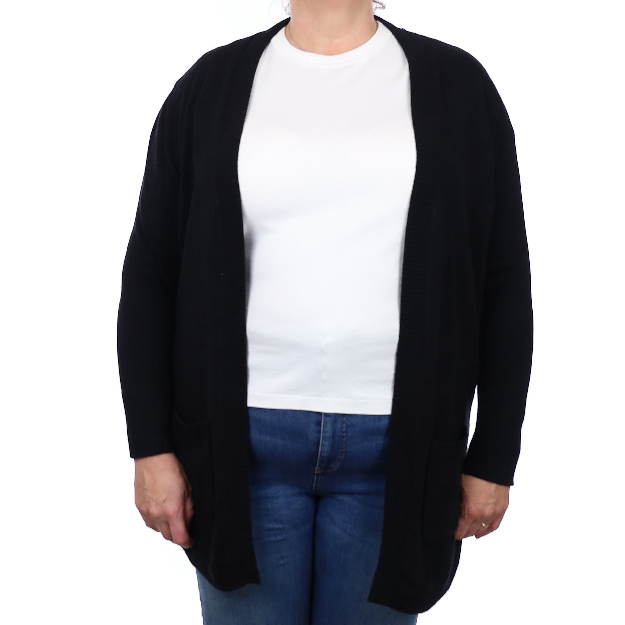 Black Cashmere Longline Edge to Edge Cardigan with Pockets Extra Large