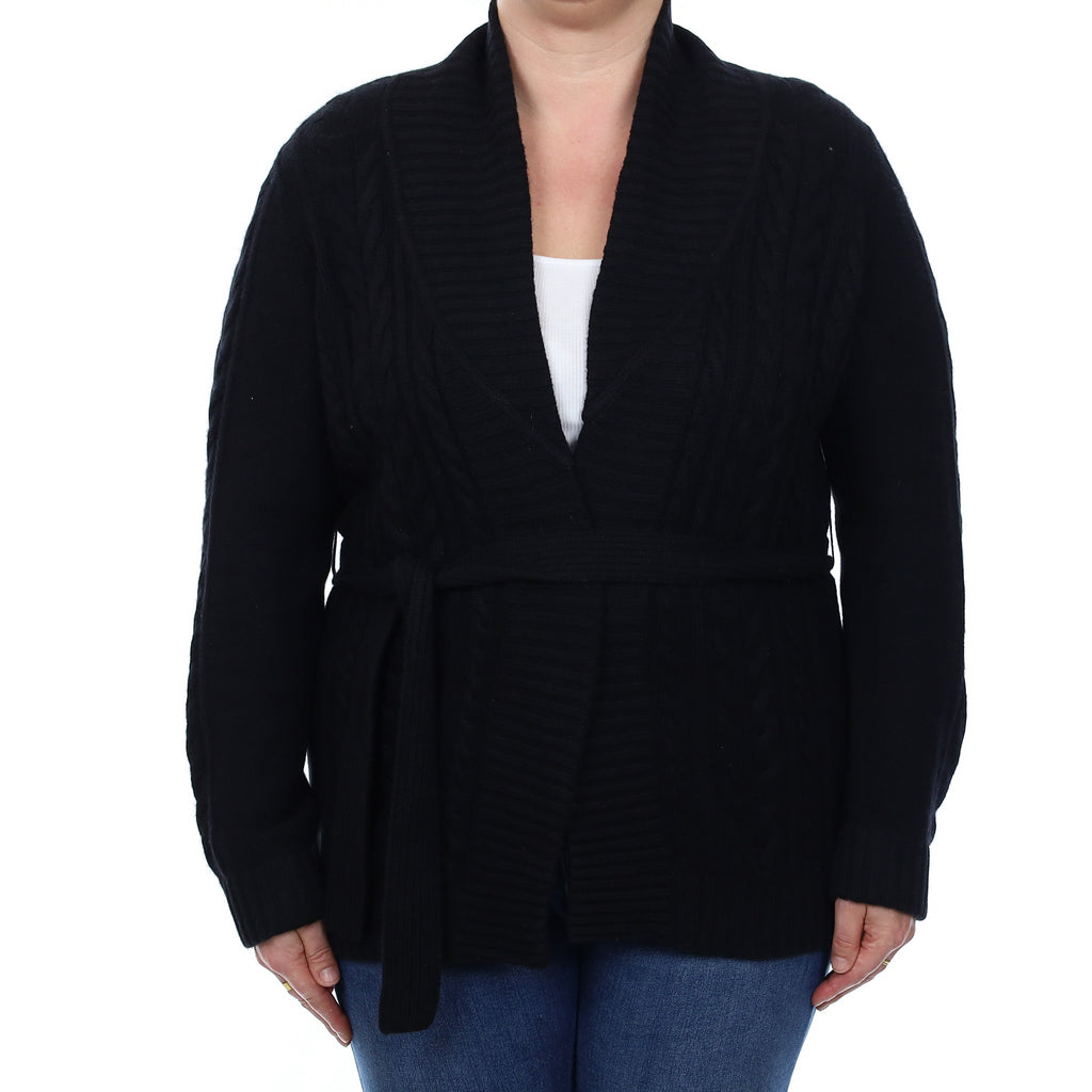Black Chunky Cable Cashmere Cardigan with Belt Large