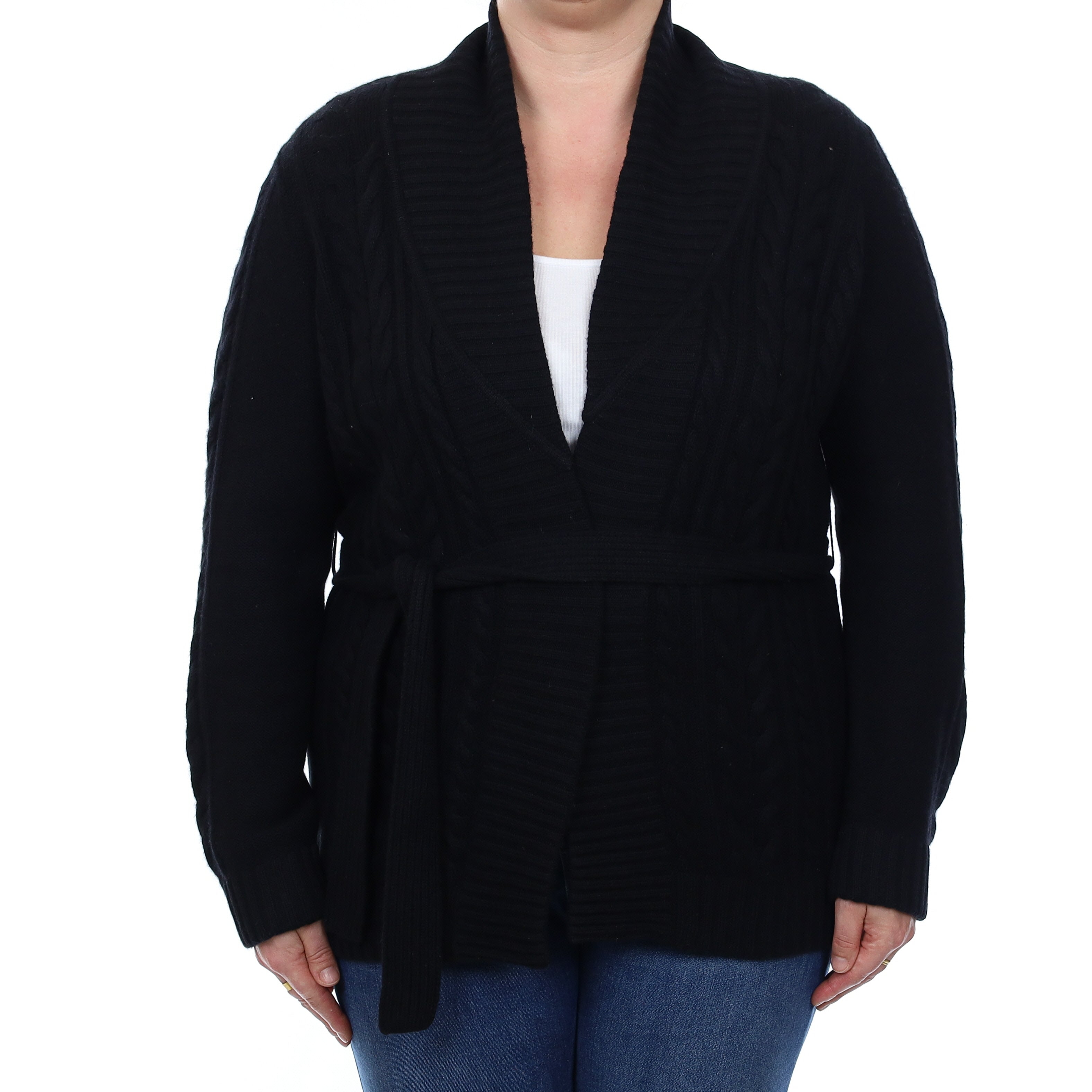 Black Chunky Cable Cashmere Cardigan with Belt Large