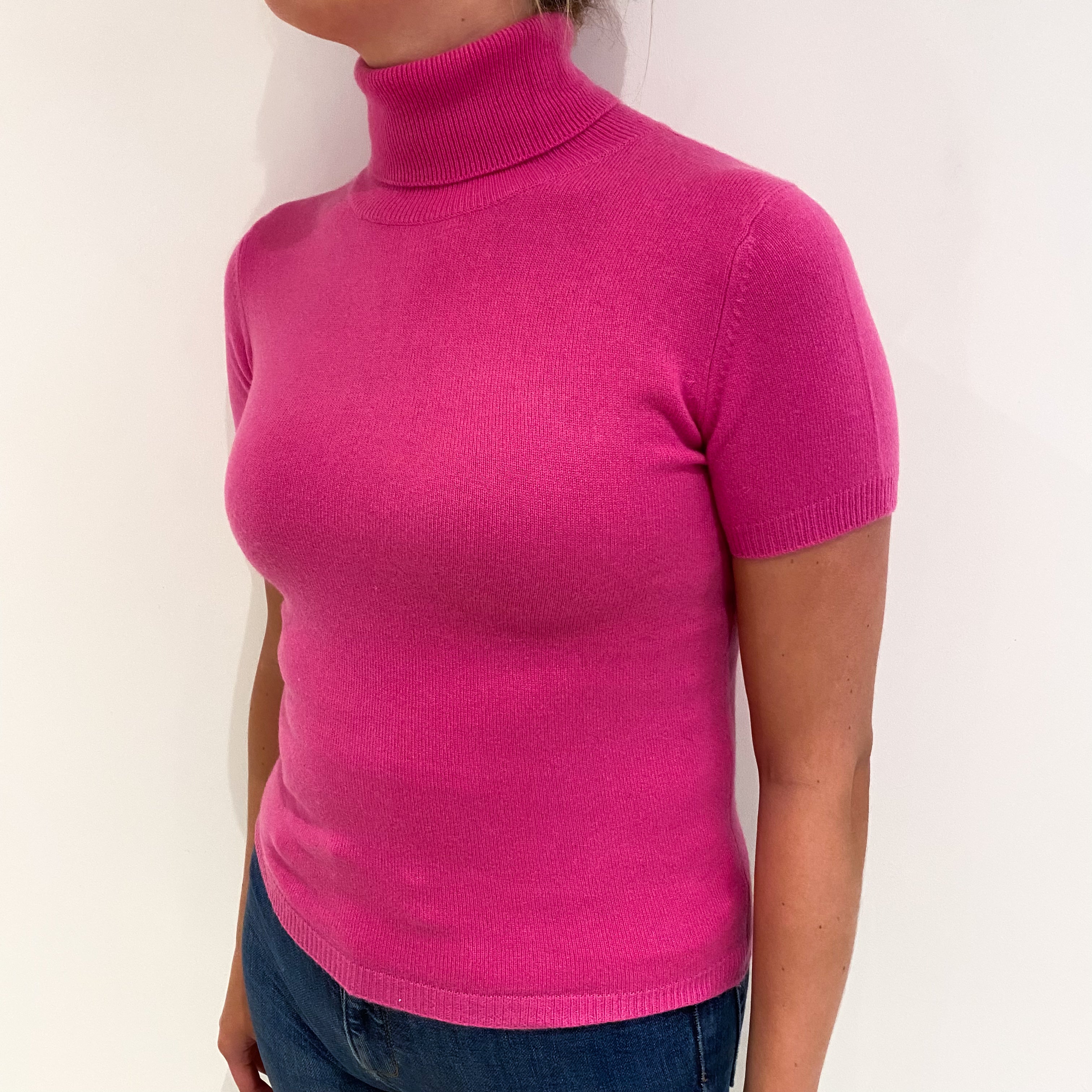 Fuchsia Pink Cashmere Polo Neck Short Sleeved Jumper Small