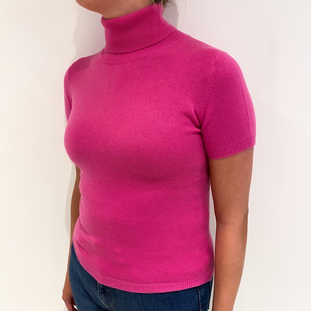 Fuchsia Pink Cashmere Polo Neck Short Sleeved Jumper Small