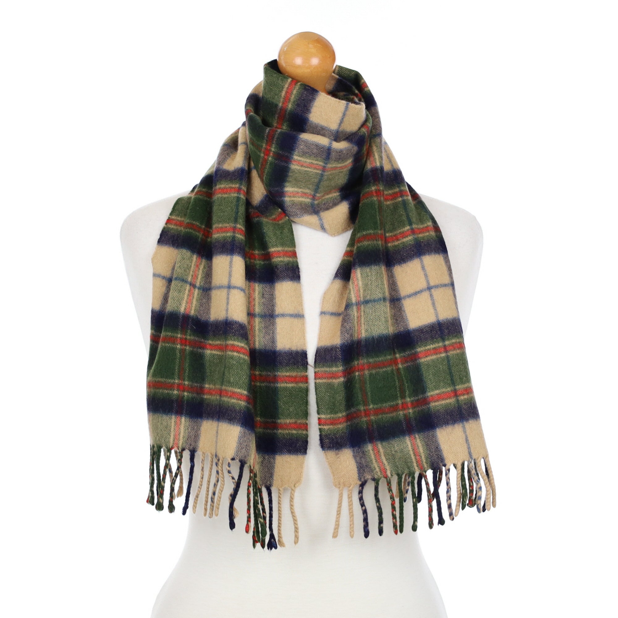 Scottish Beige and Green Check Cashmere Fringed Woven Scarf