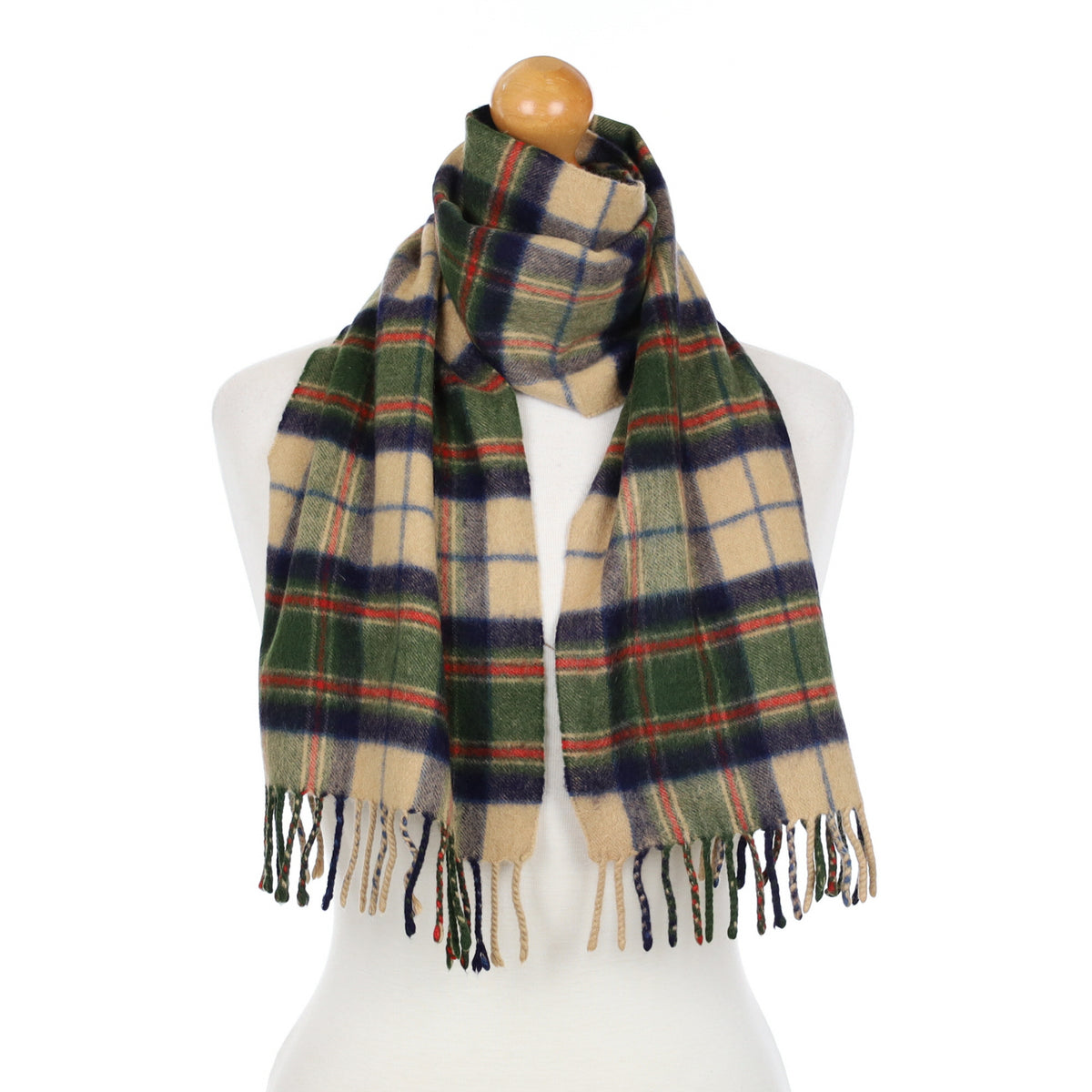 Scottish Beige and Green Check Cashmere Fringed Woven Scarf