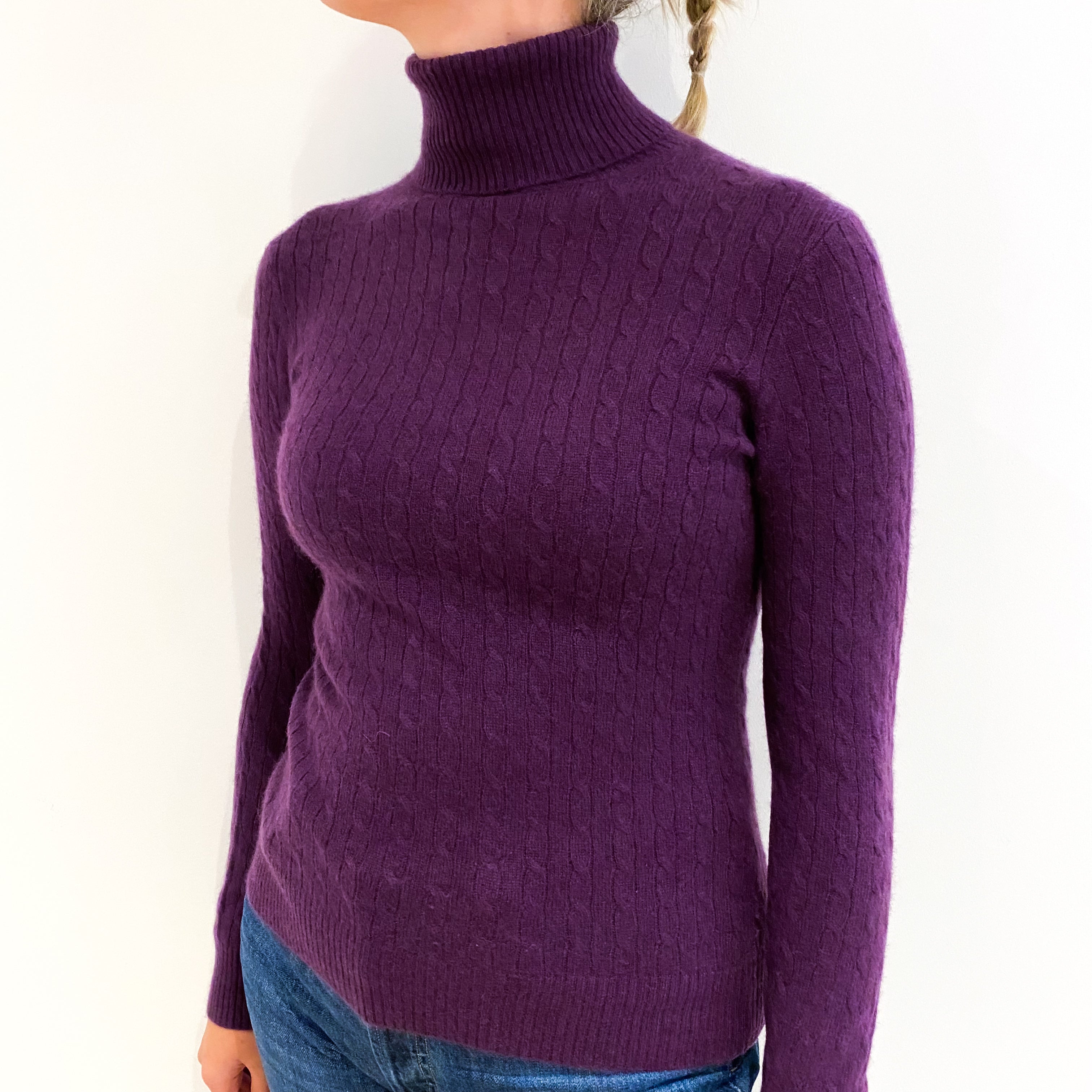 Plum Purple Cable Cashmere Polo Neck Jumper Small