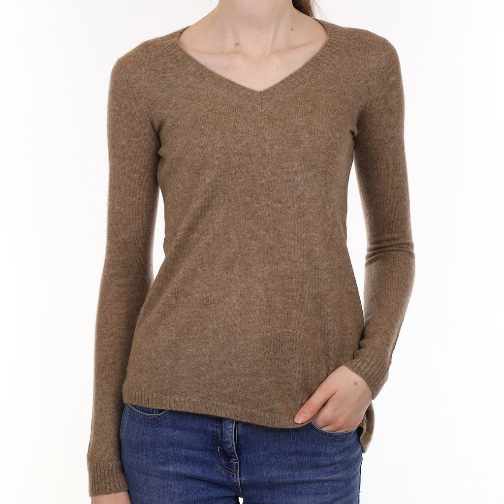 Taupe Brown Asymmetric Hem Cashmere V Neck Jumper Extra Small
