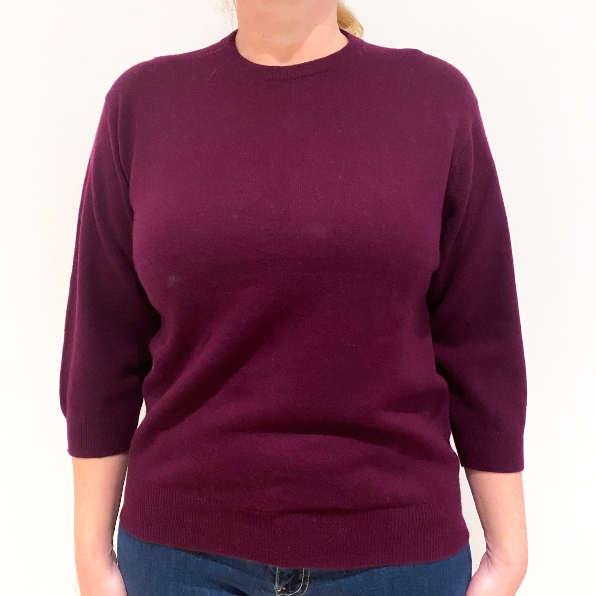 Burgundy Red 3/4 Sleeved Cashmere Crew Neck Jumper Large