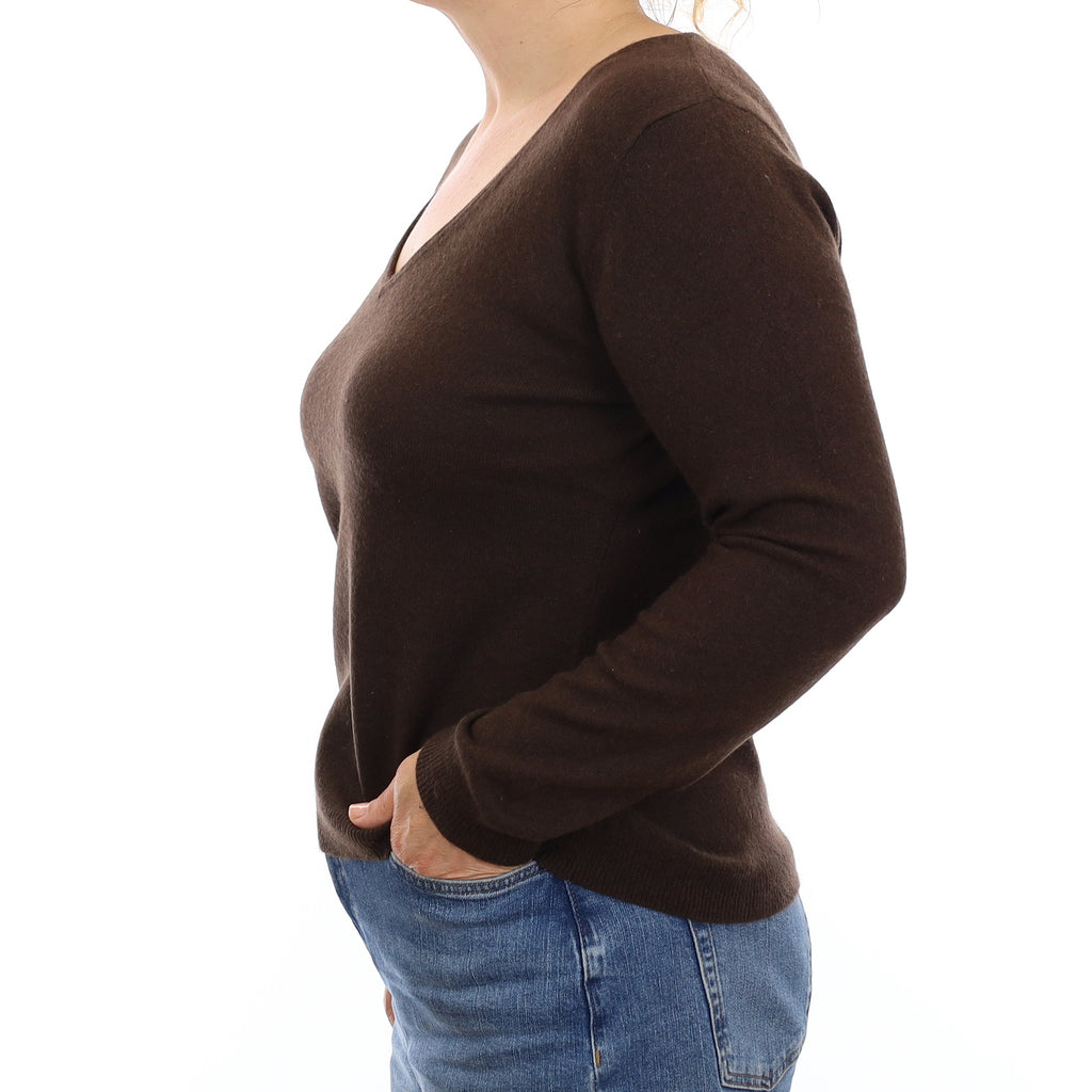 Chocolate Brown Cashmere V Neck Jumper Medium