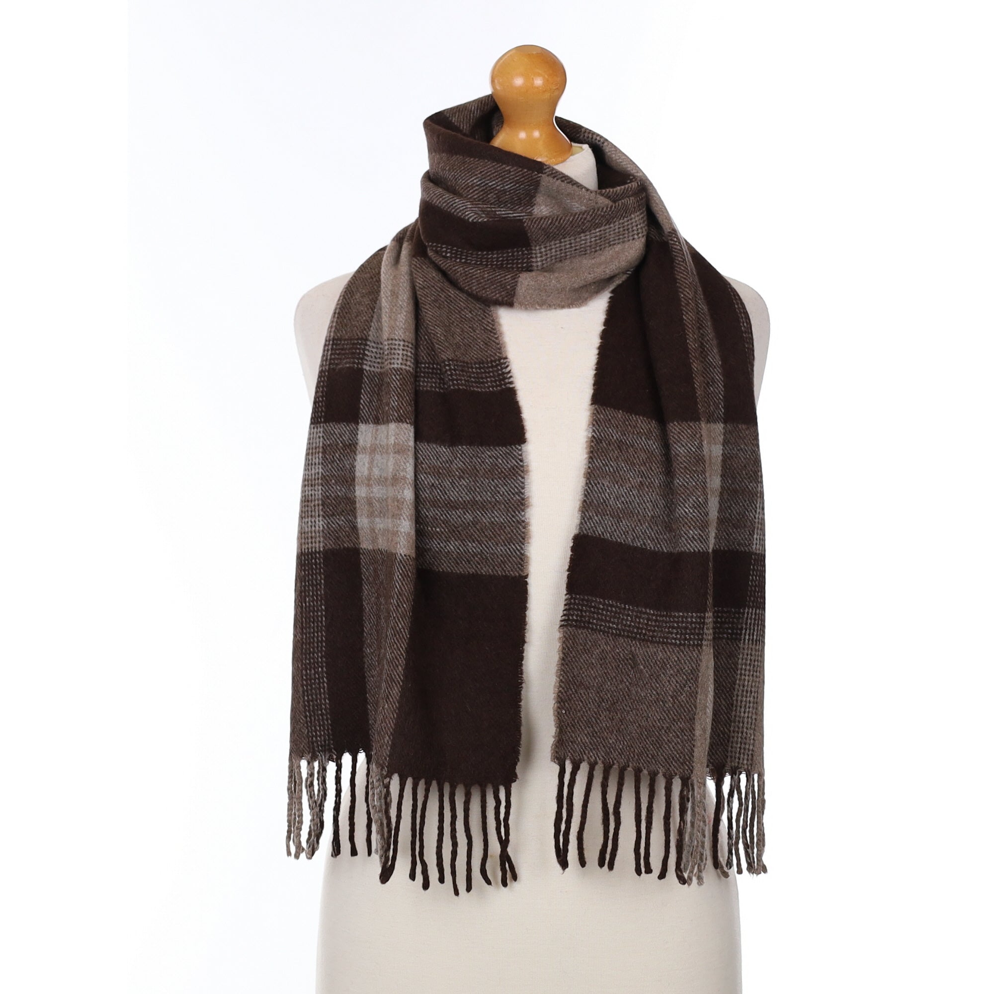 Chocolate and Mink Checked Cashmere Woven Scarf