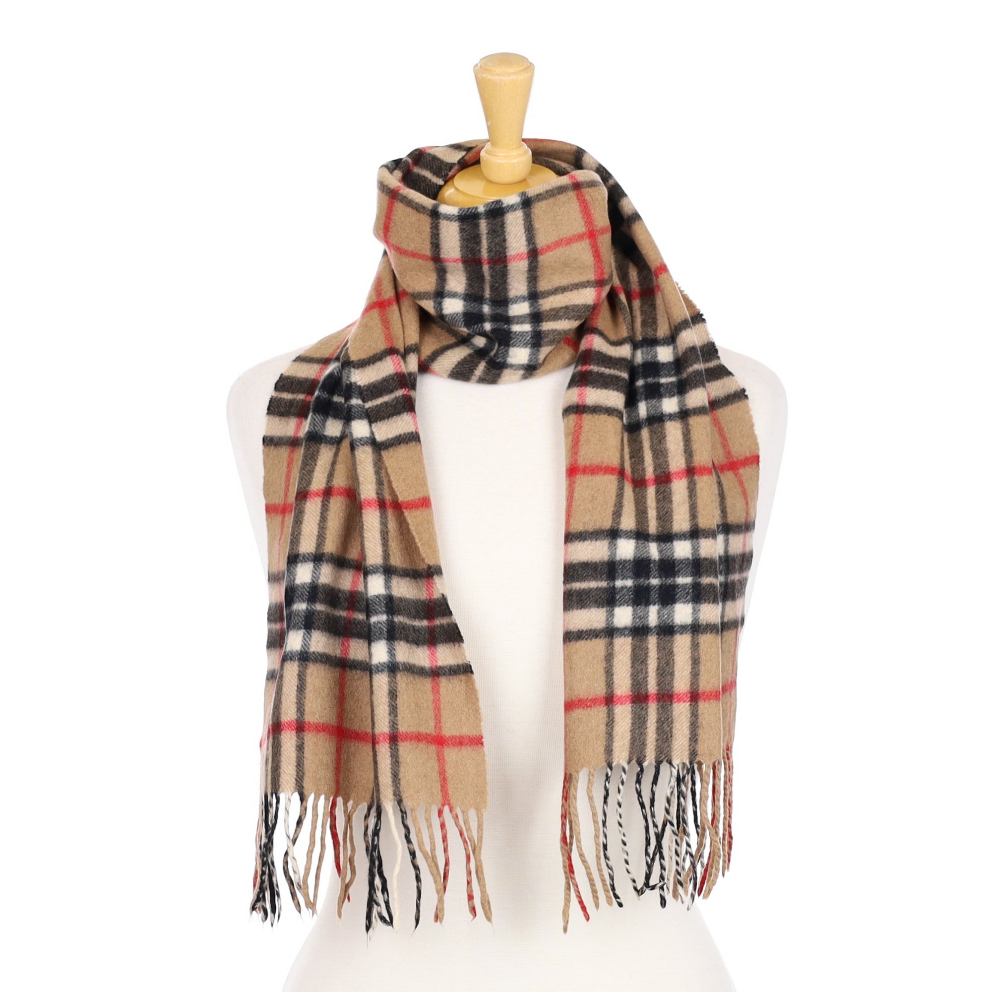 Camel Brown and Black Checked Cashmere Woven Scarf
