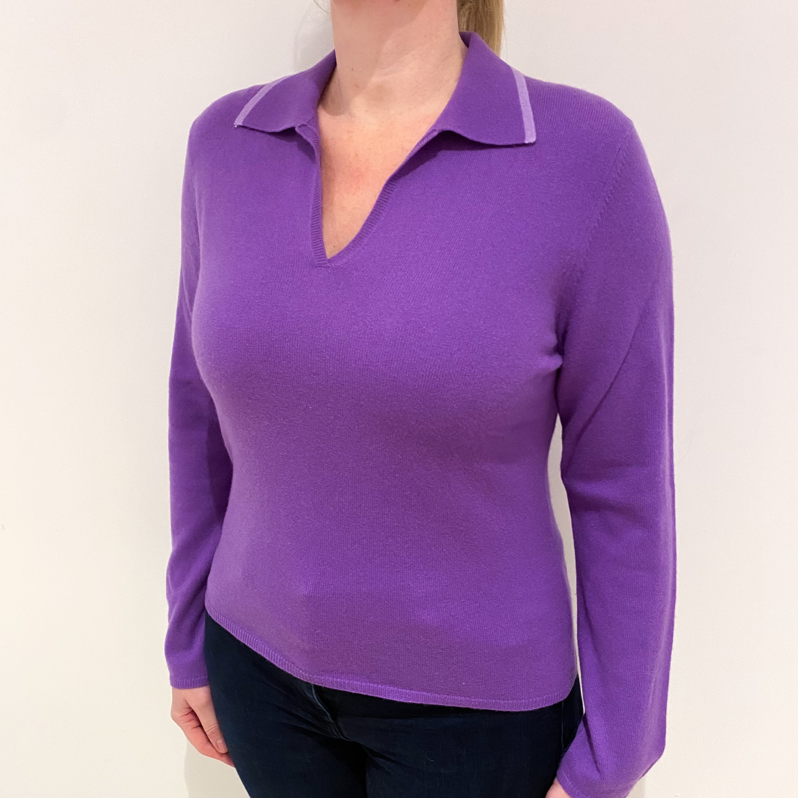 Periwinkle Purple Cashmere Collared V-Neck Jumper Large