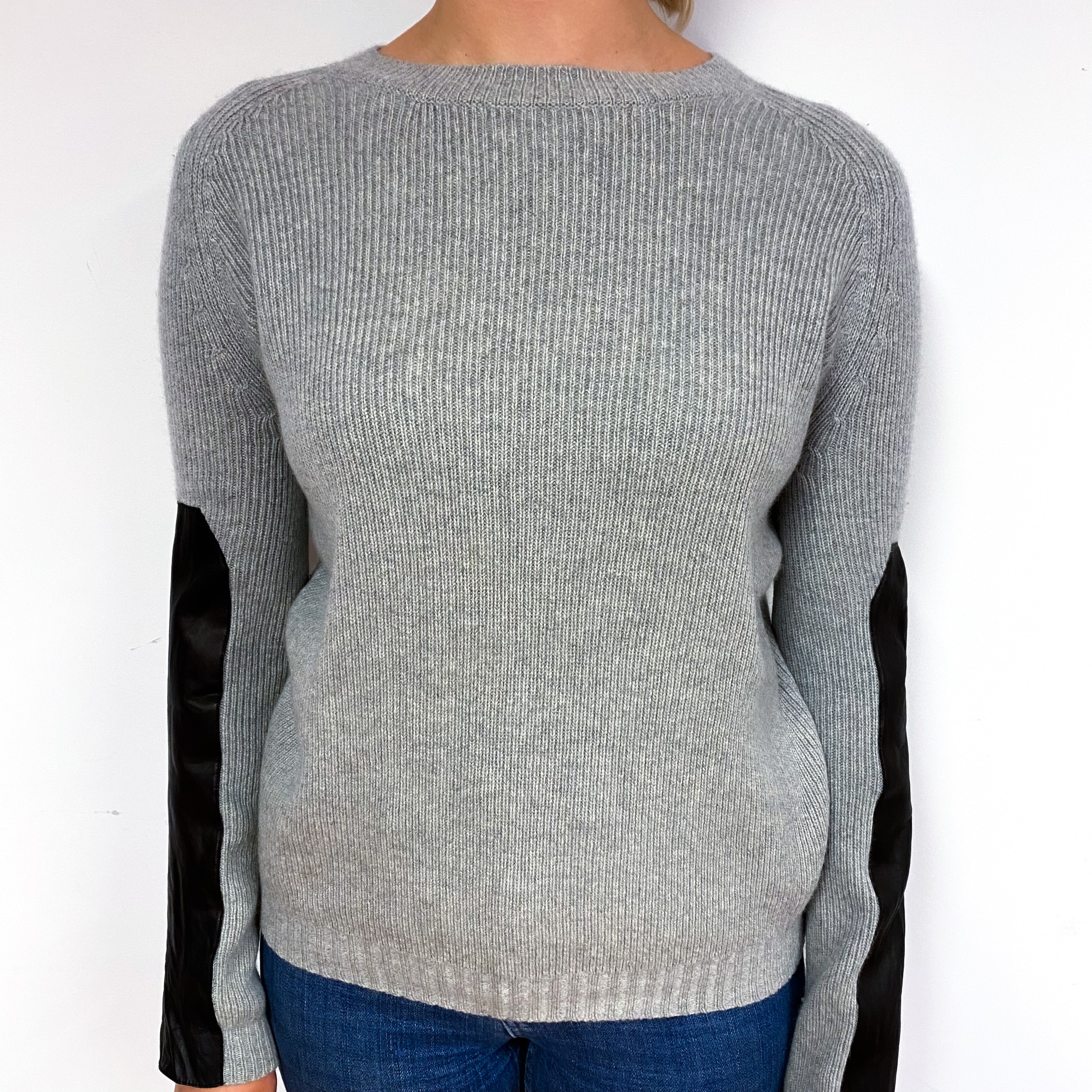 Smoke Grey Leather Patch Cashmere Crew Neck Jumper Small
