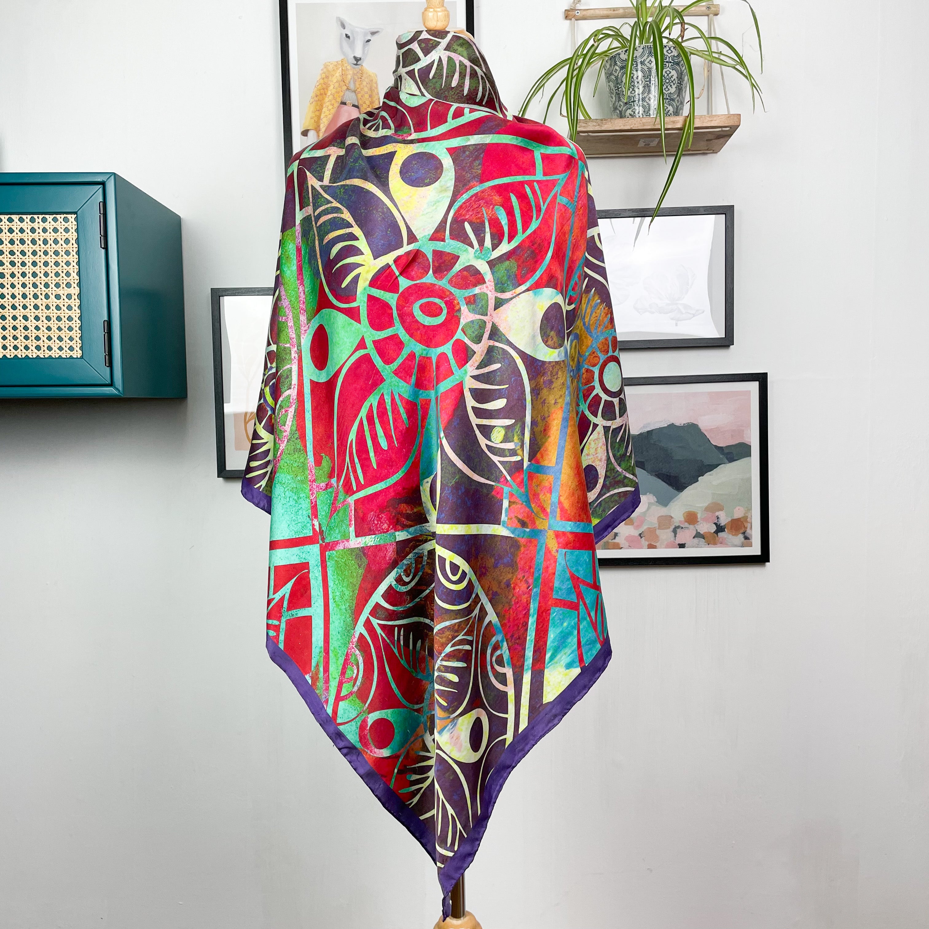 Large Styalised Floral Vintage Silk Scarf