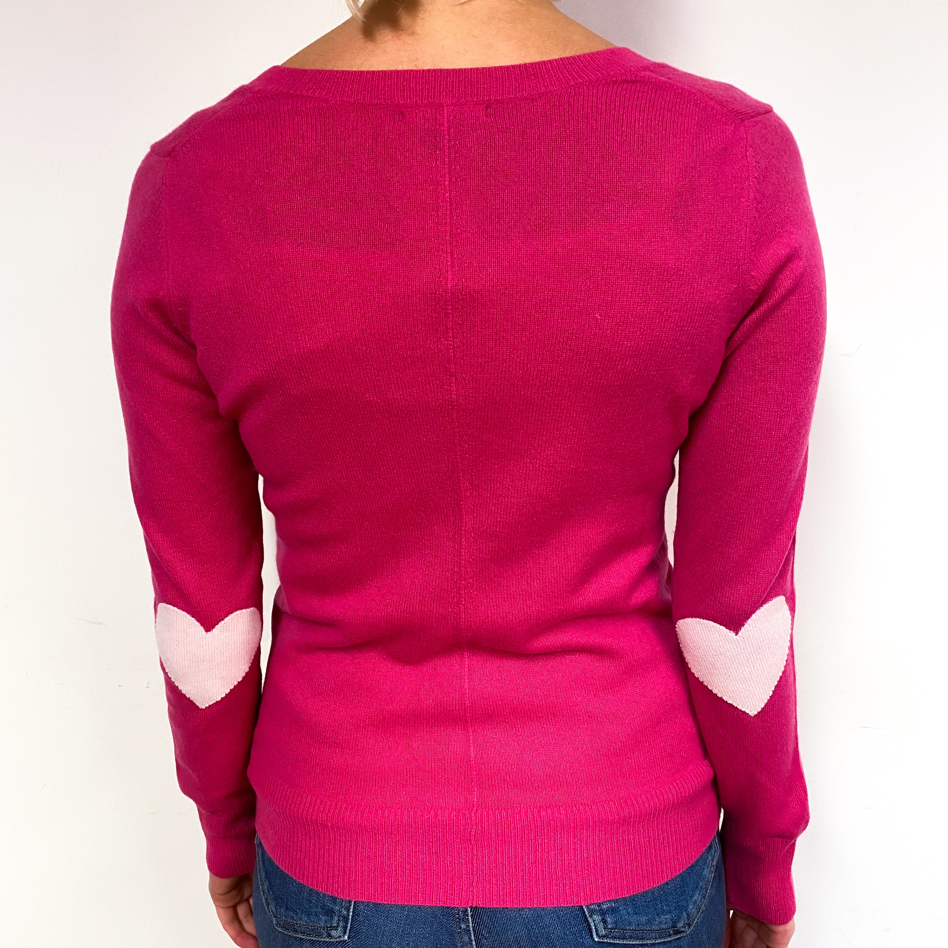 Fuchsia Pink Elbow Patch Cashmere V-Neck Cardigan Small