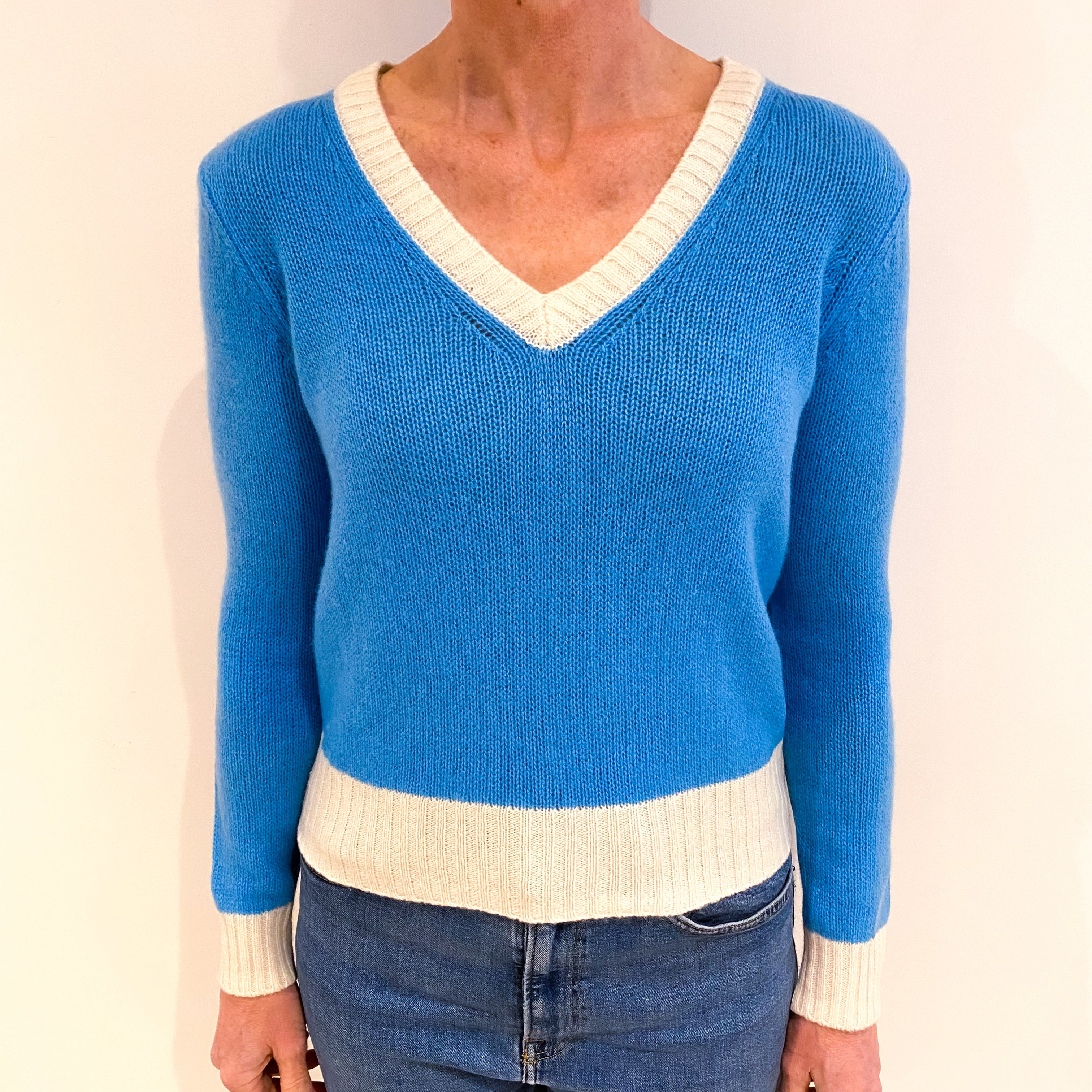 Bright Ocean Blue Cashmere V Neck Jumper Small