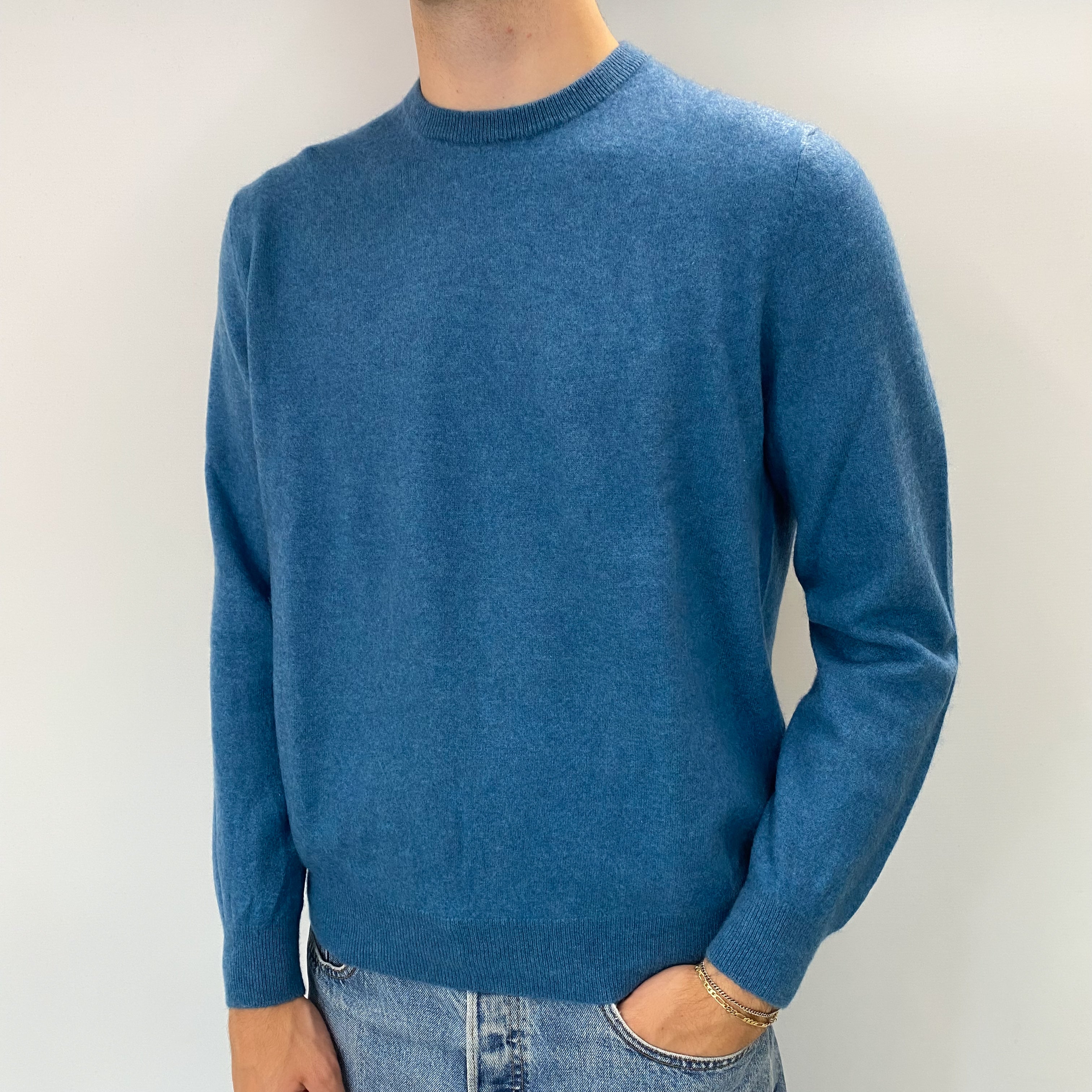 Men's Pacific Blue Cashmere Crew Neck Jumper Large