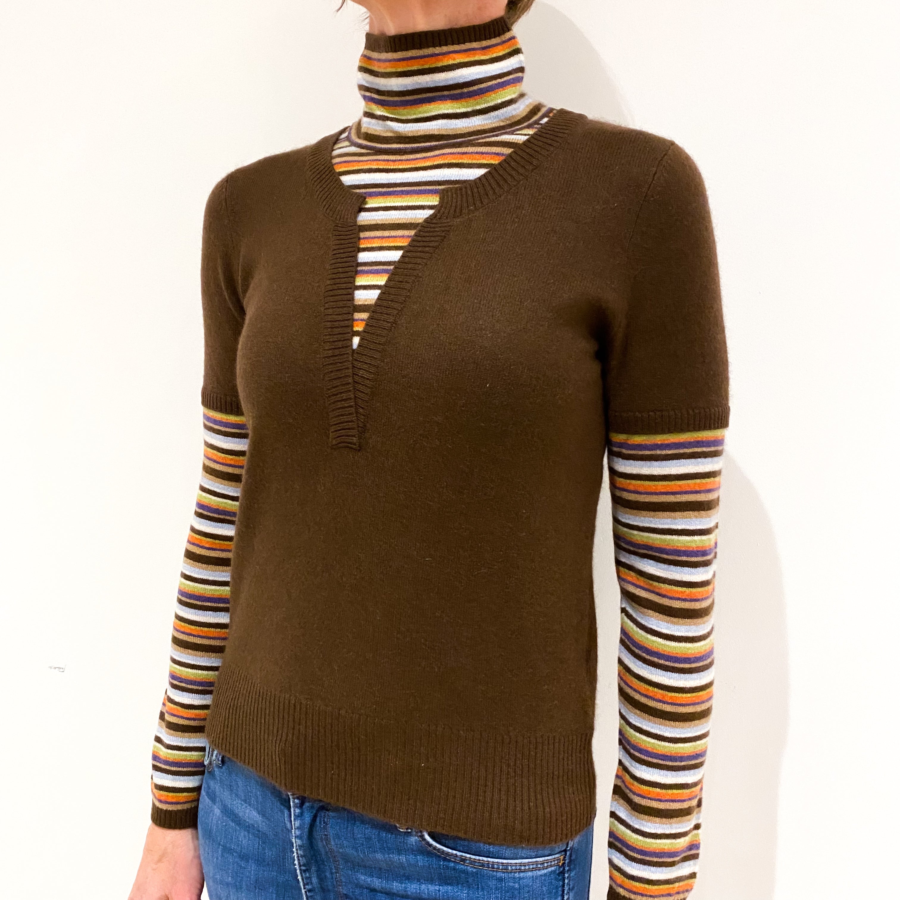 Striped Cashmere Polo Neck Jumper with Chocolate Brown Top Small