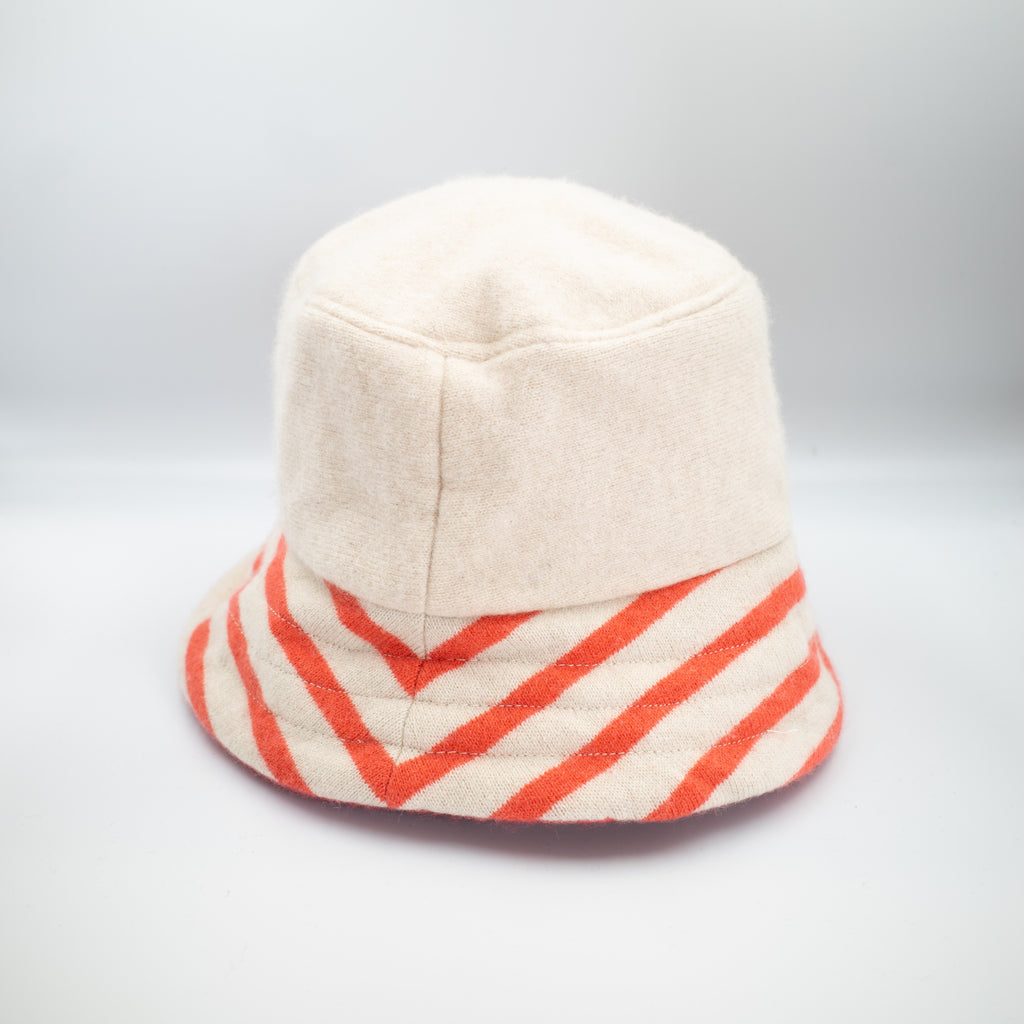Oatmeal Beige and Orange Stripe Reversible Cashmere Bucket Hat Large