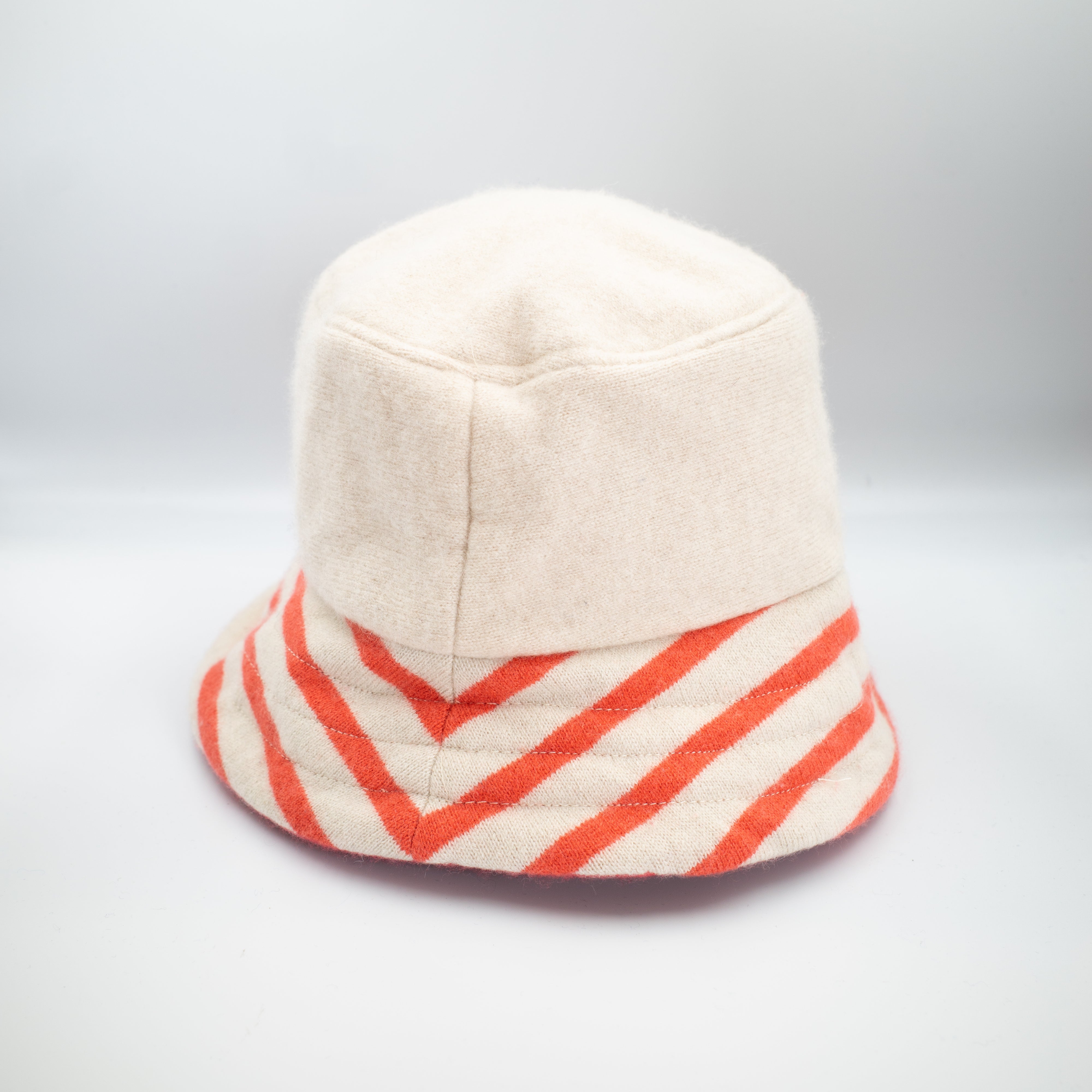 Oatmeal Beige and Orange Stripe Reversible Cashmere Bucket Hat Large