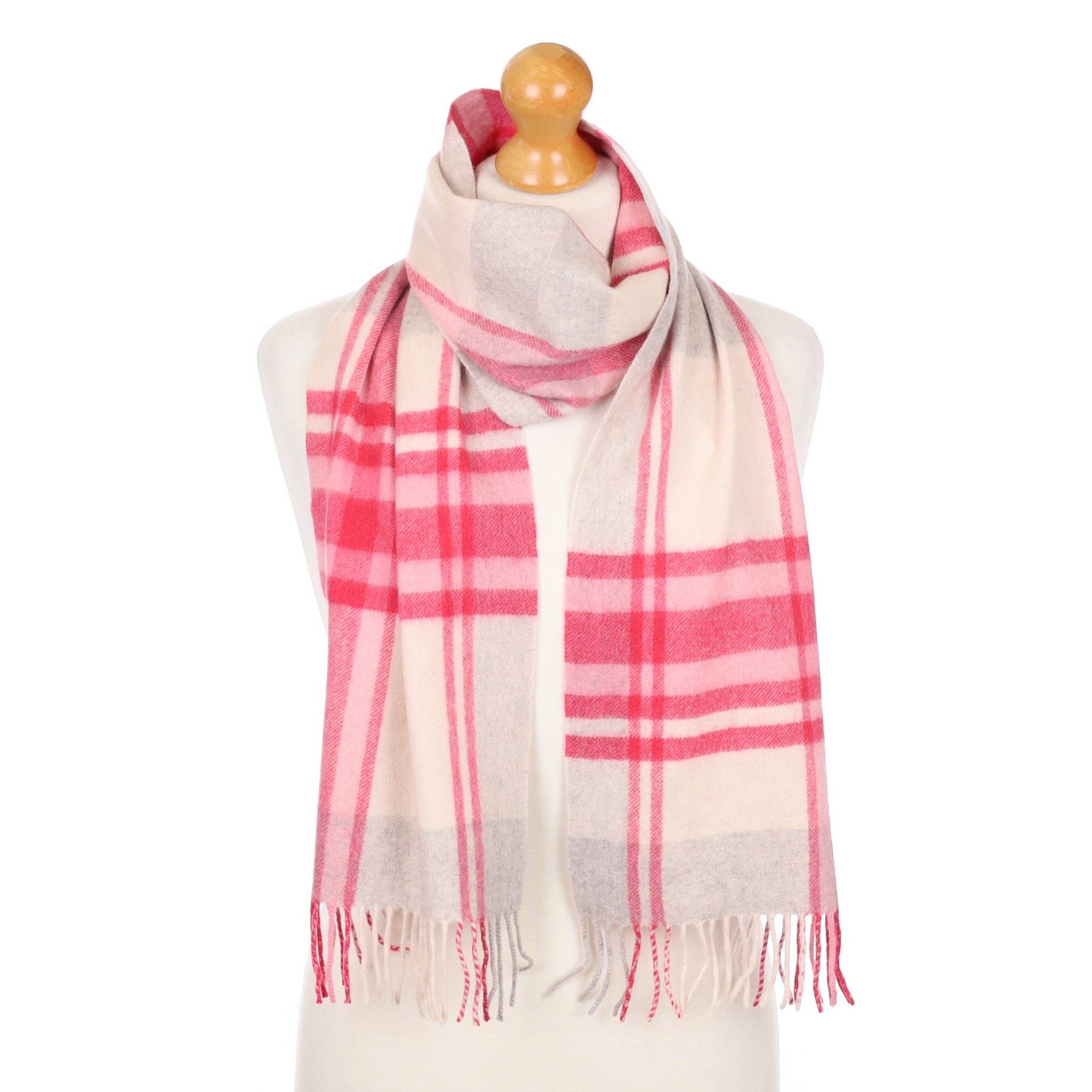Pink and Grey Checked Fringed Cashmere Woven Scarf