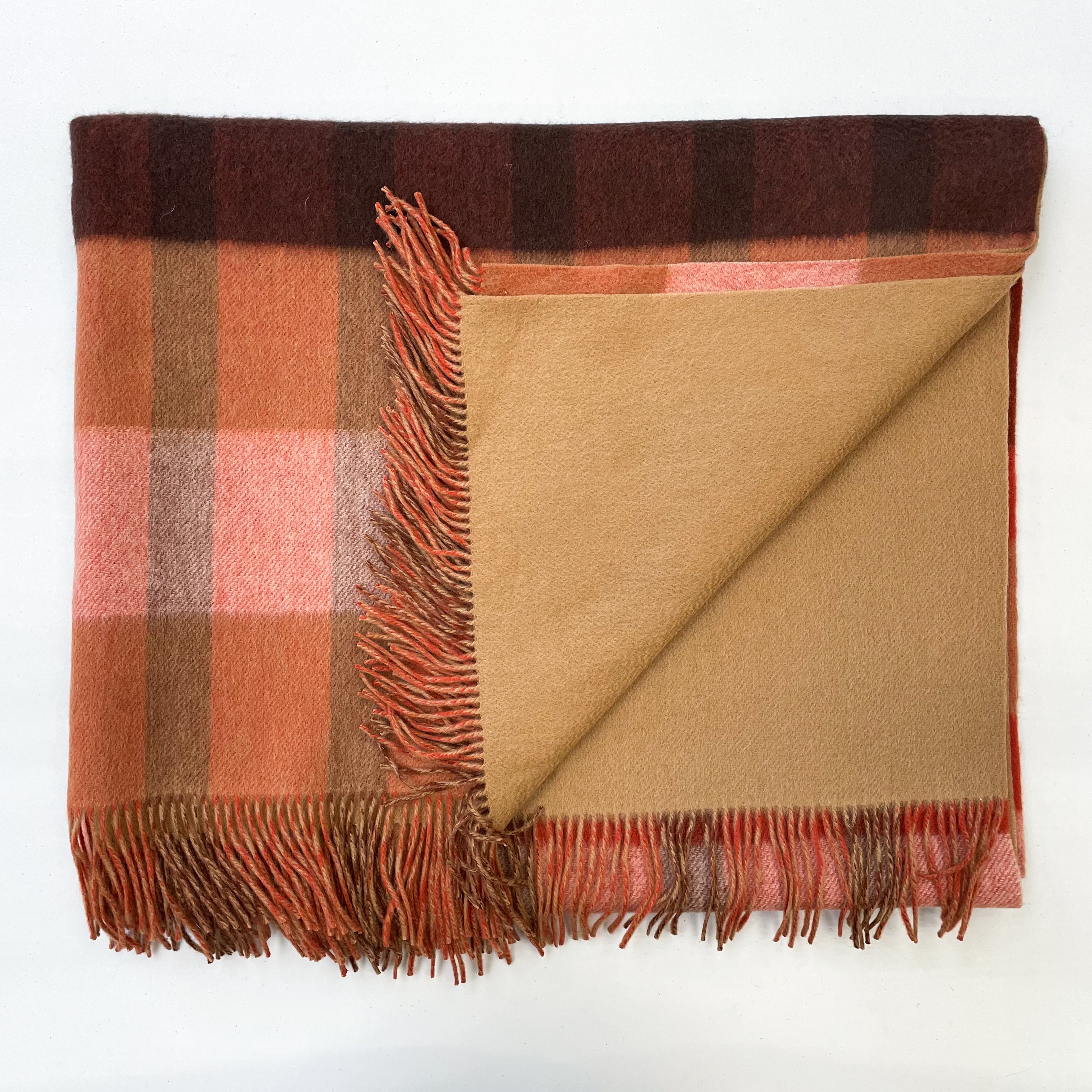 Red Orange Tartan Cashmere Fringed Woven Blanket