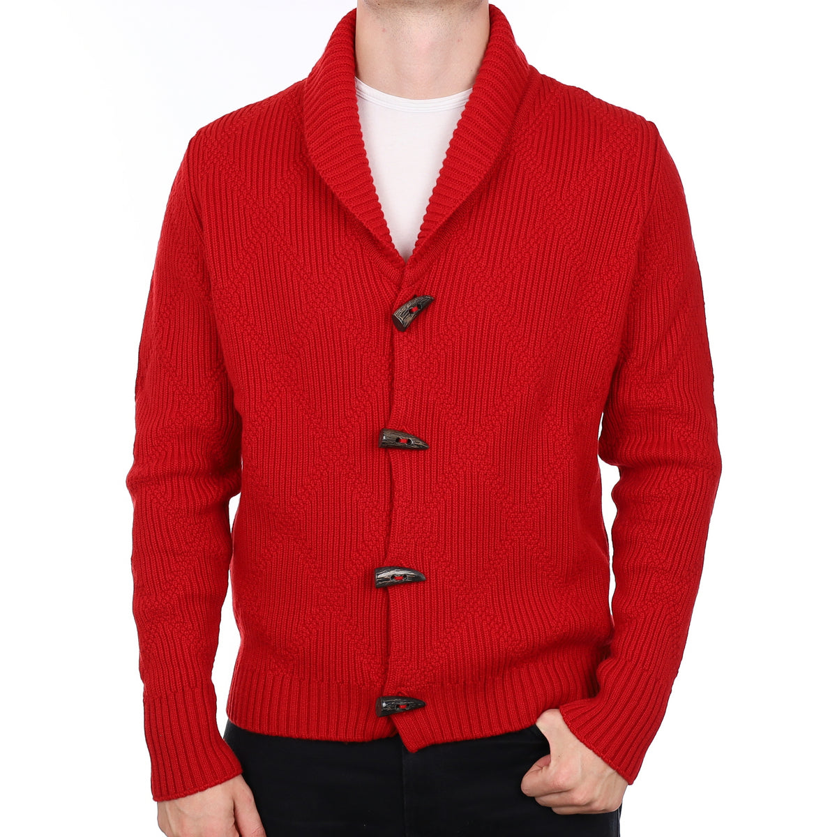 Men’s Brand New Scottish Red Chunky Cashmere Shawl Collar Cardigan XL