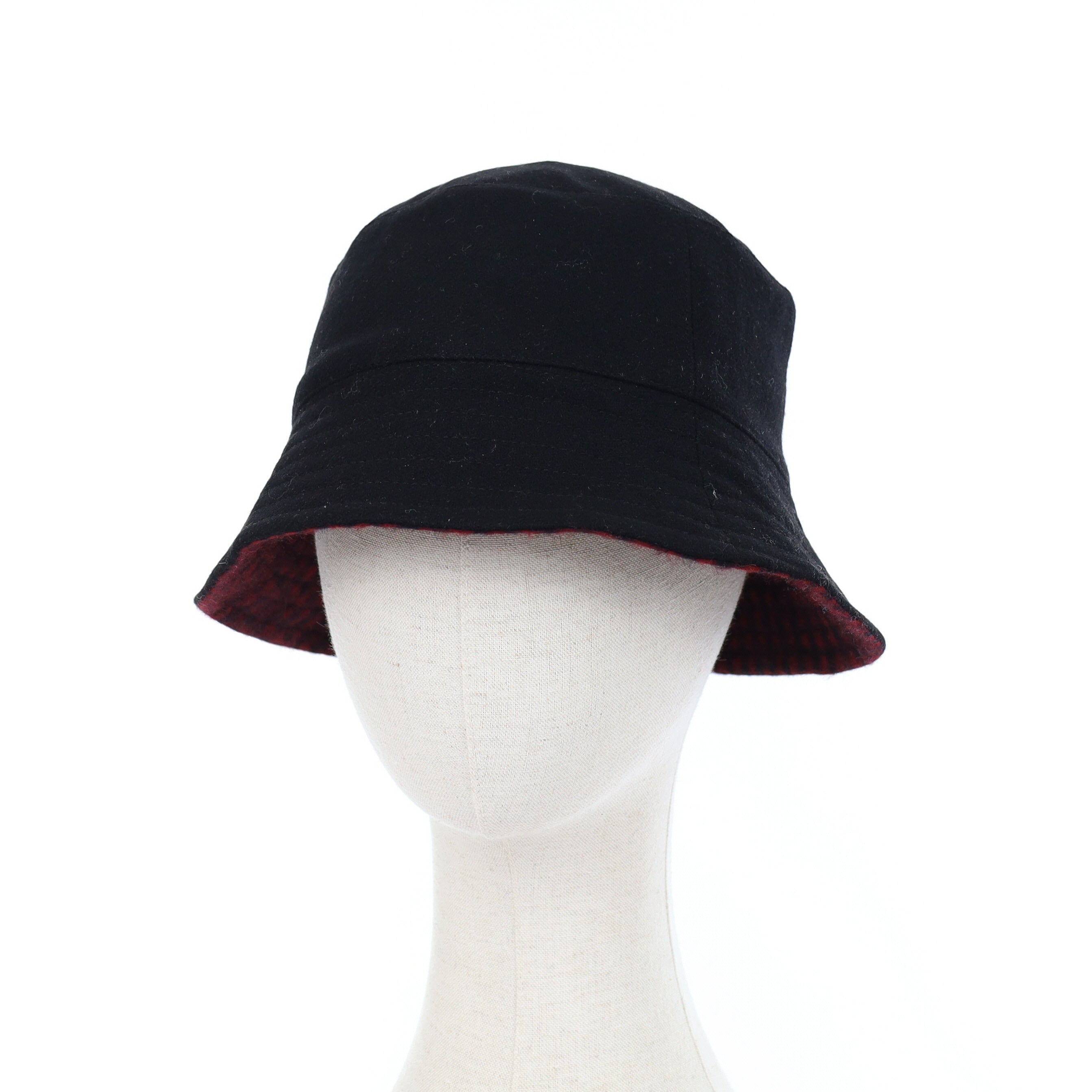 Red and Black Checked Reversible Cashmere Bucket Hat Medium