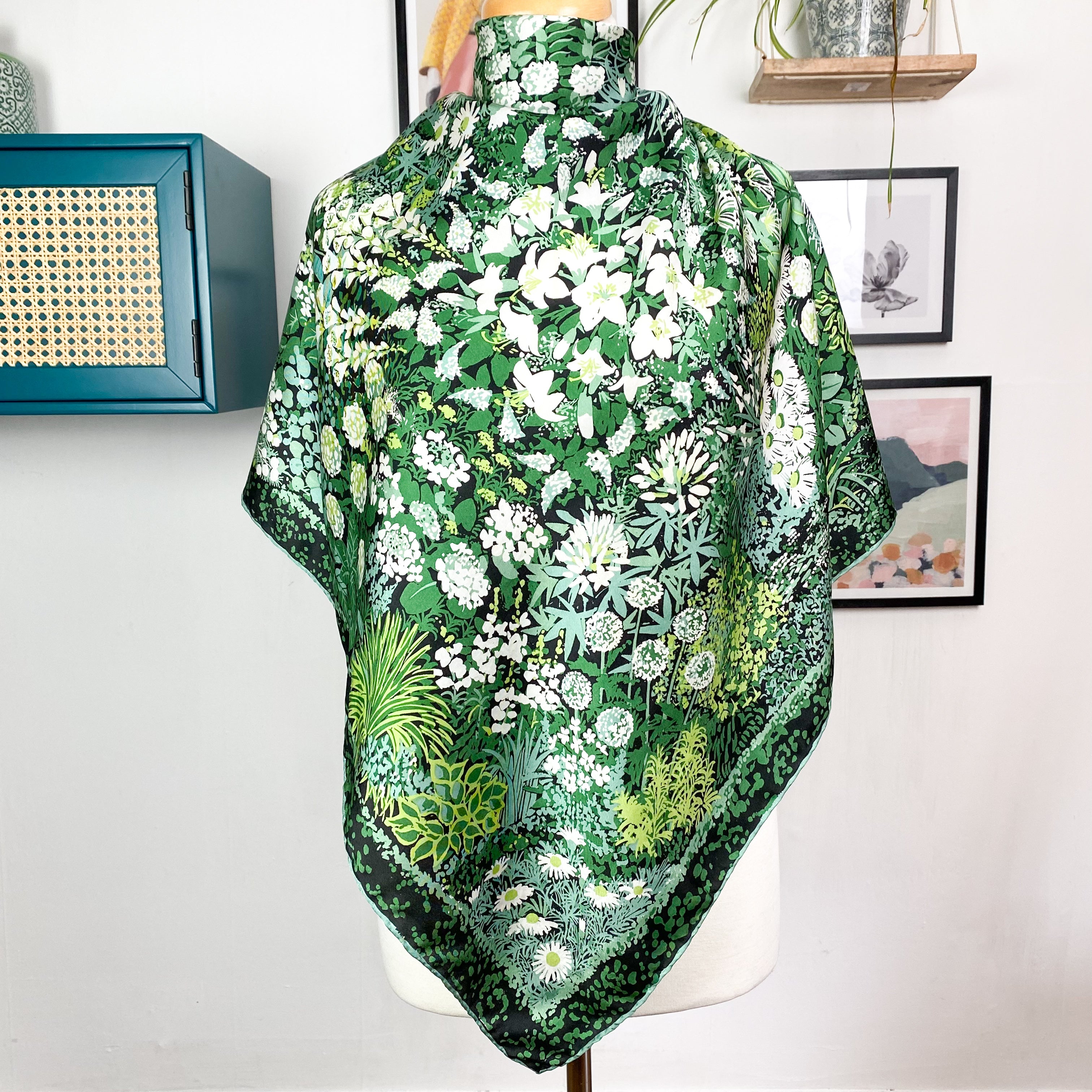 Green and White Floral Vintage Silk Scarf