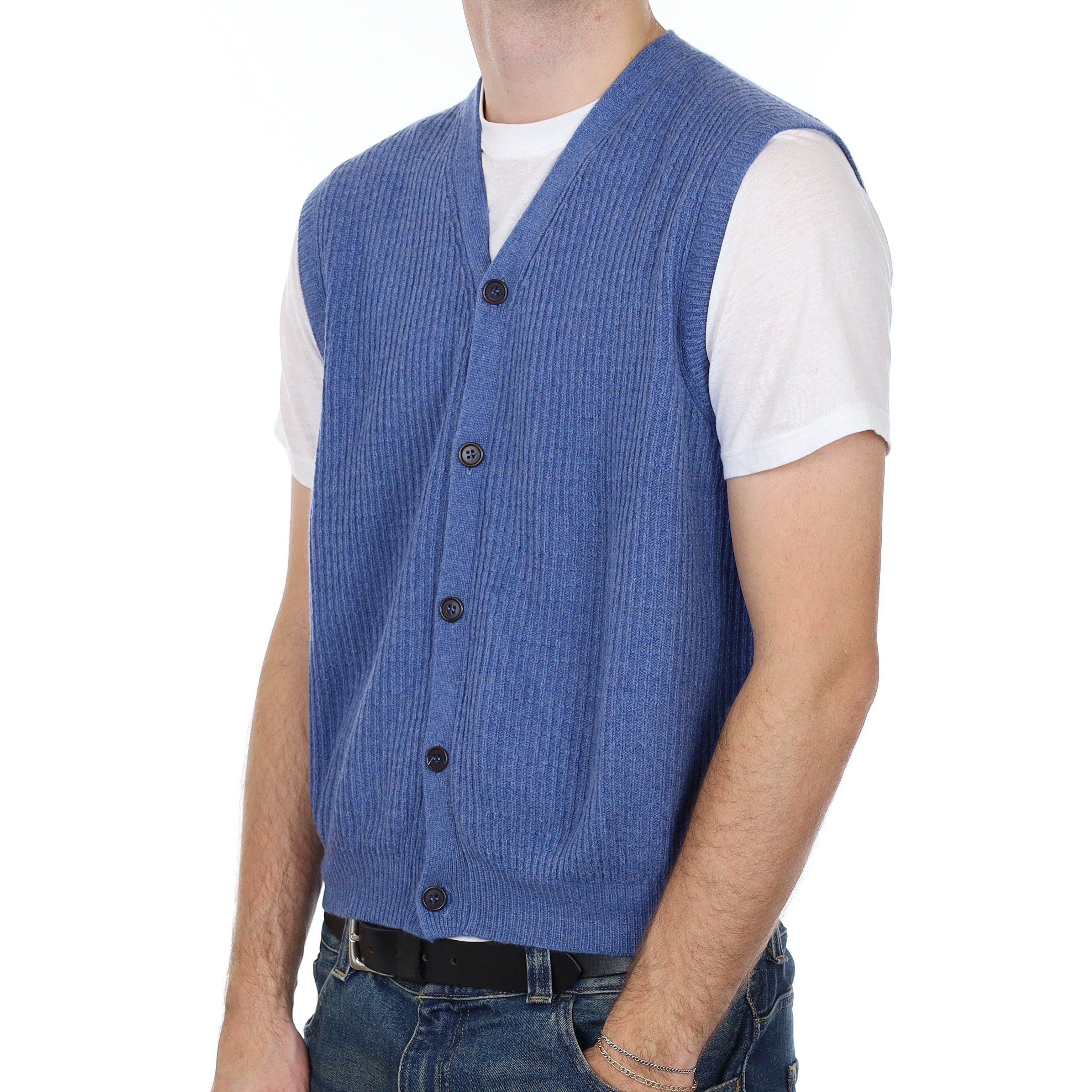 Men’s Italian Denim Blue Rib Cashmere V Neck Waistcoat Large