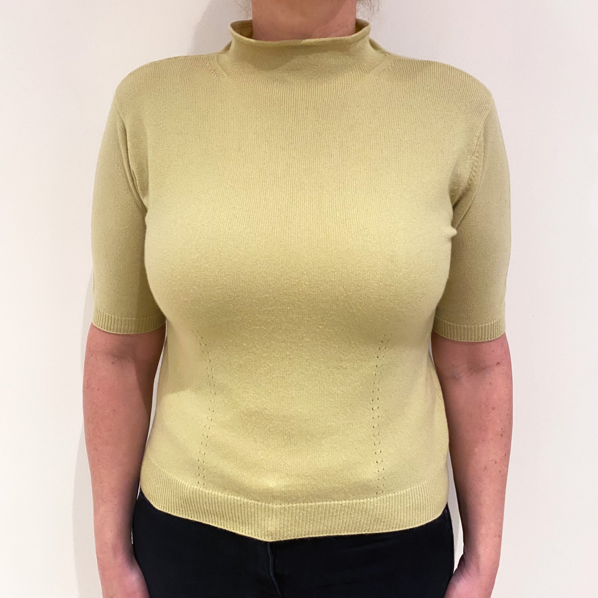 Pistachio Green Short Sleeve Cashmere Funnel Neck Jumper Large
