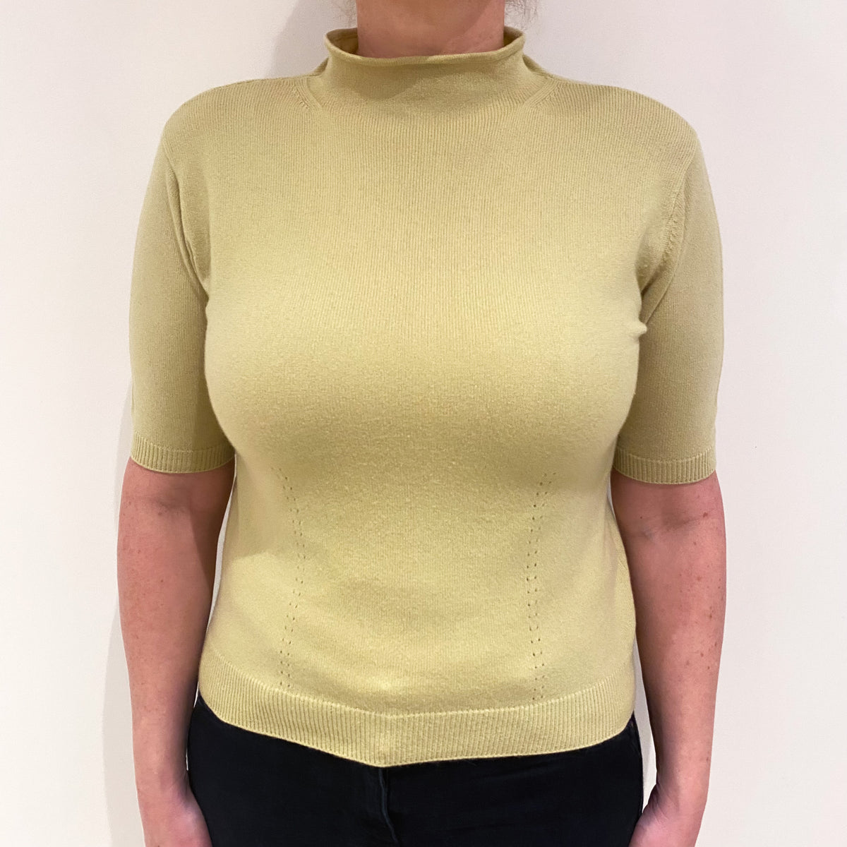 Pistachio Green Short Sleeve Cashmere Funnel Neck Jumper Large