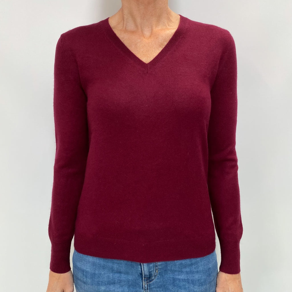 Burgundy Red Cashmere V Neck Jumper Small