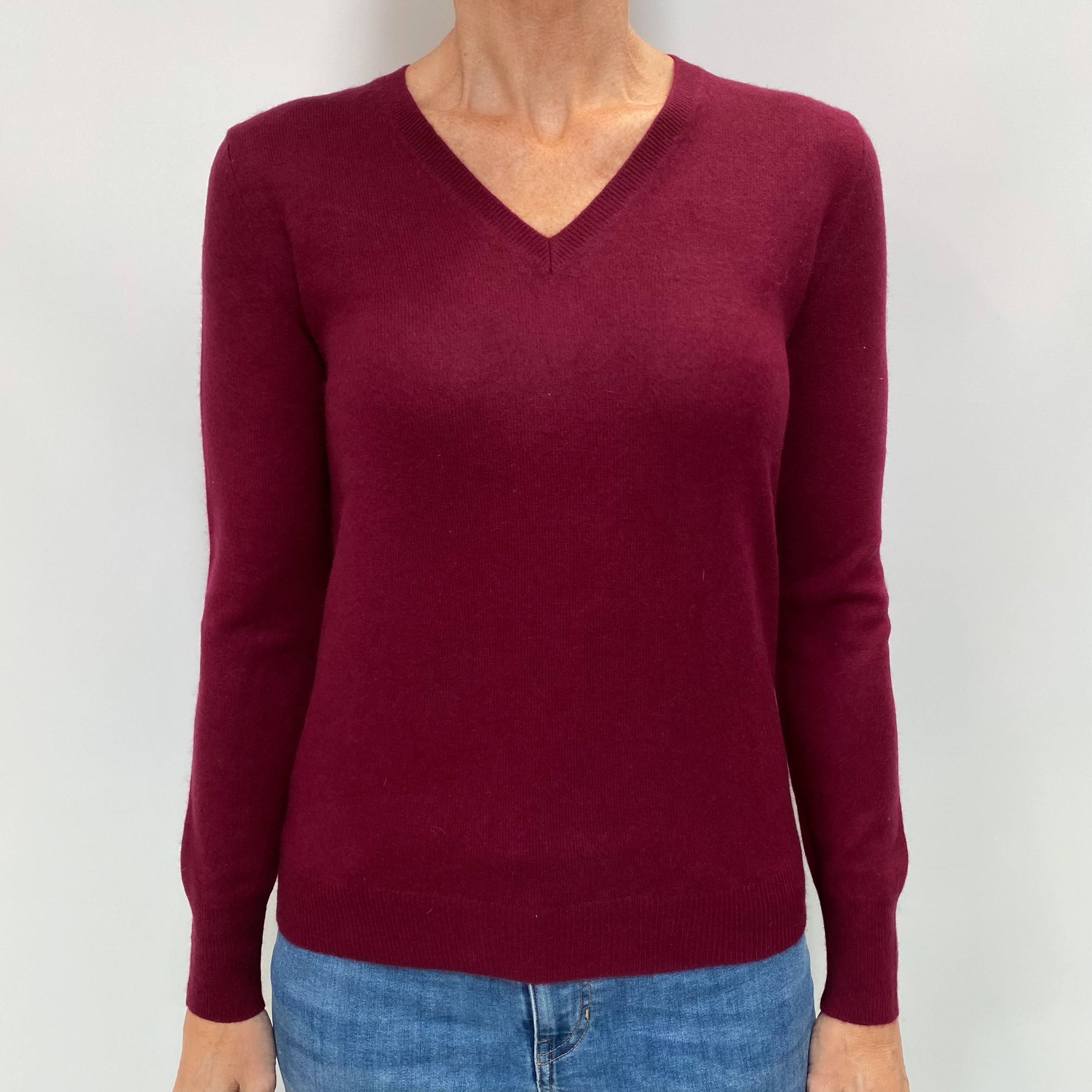 Burgundy Red Cashmere V Neck Jumper Small