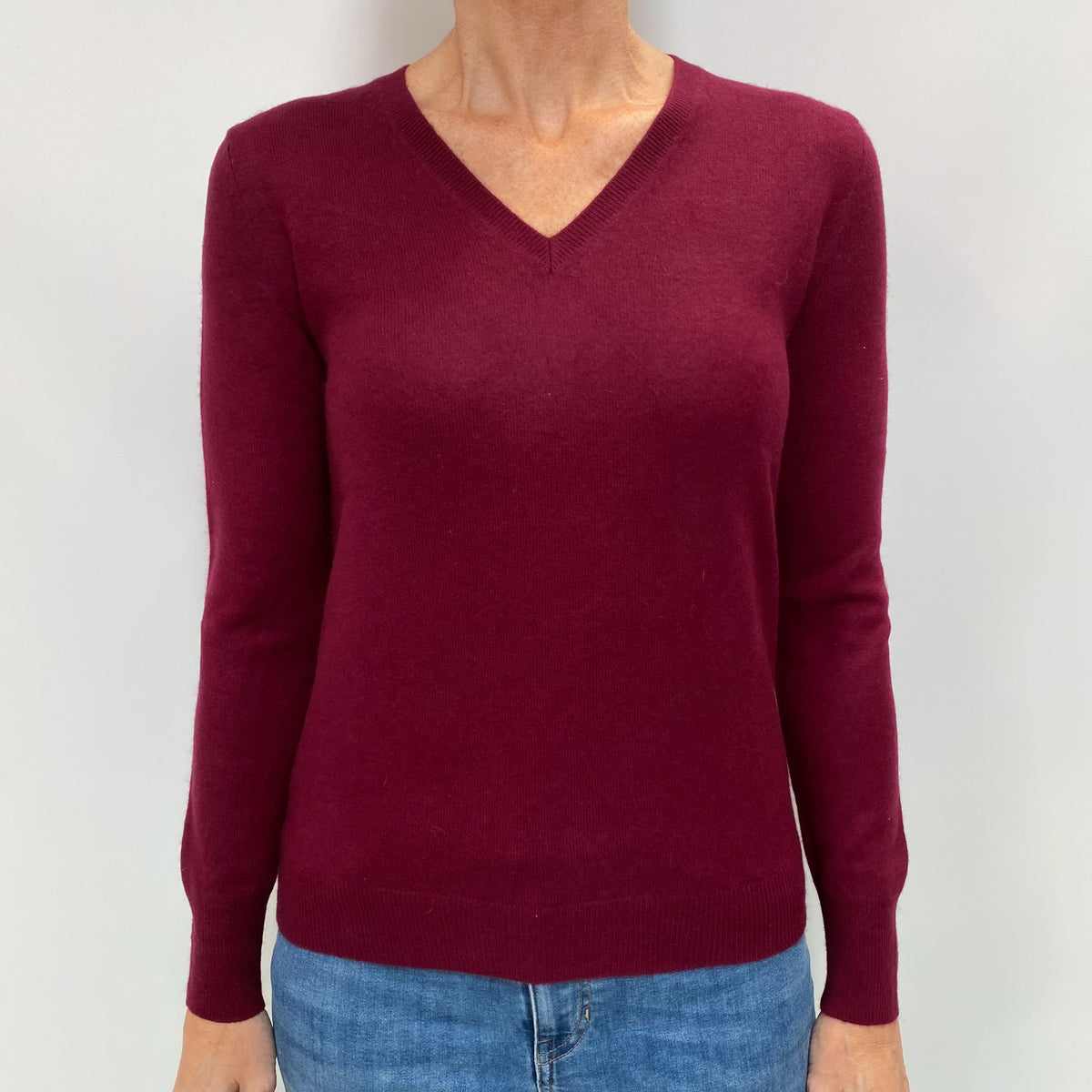 Burgundy Red Cashmere V Neck Jumper Small