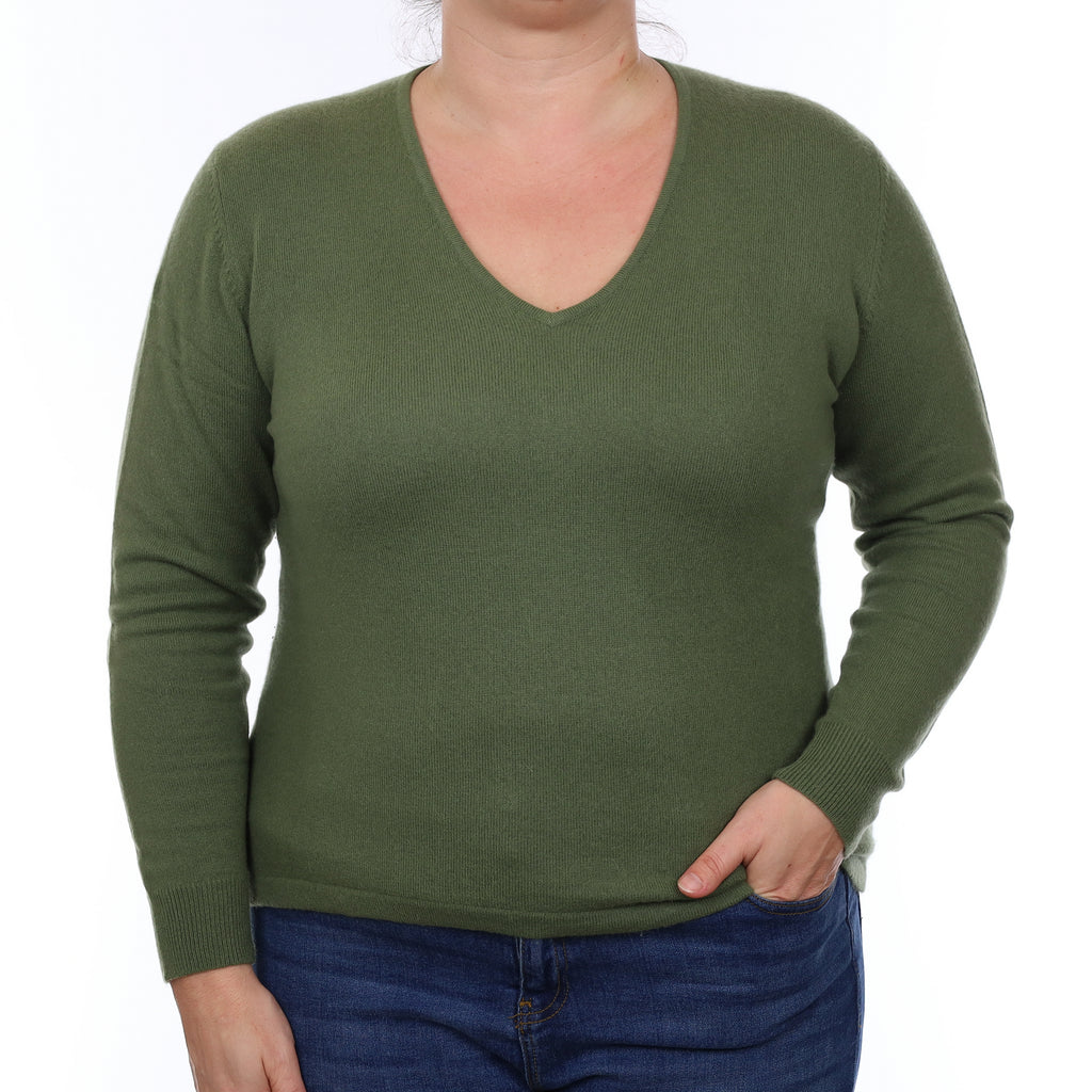 Moss Green Cashmere Boxy V Neck Jumper Large