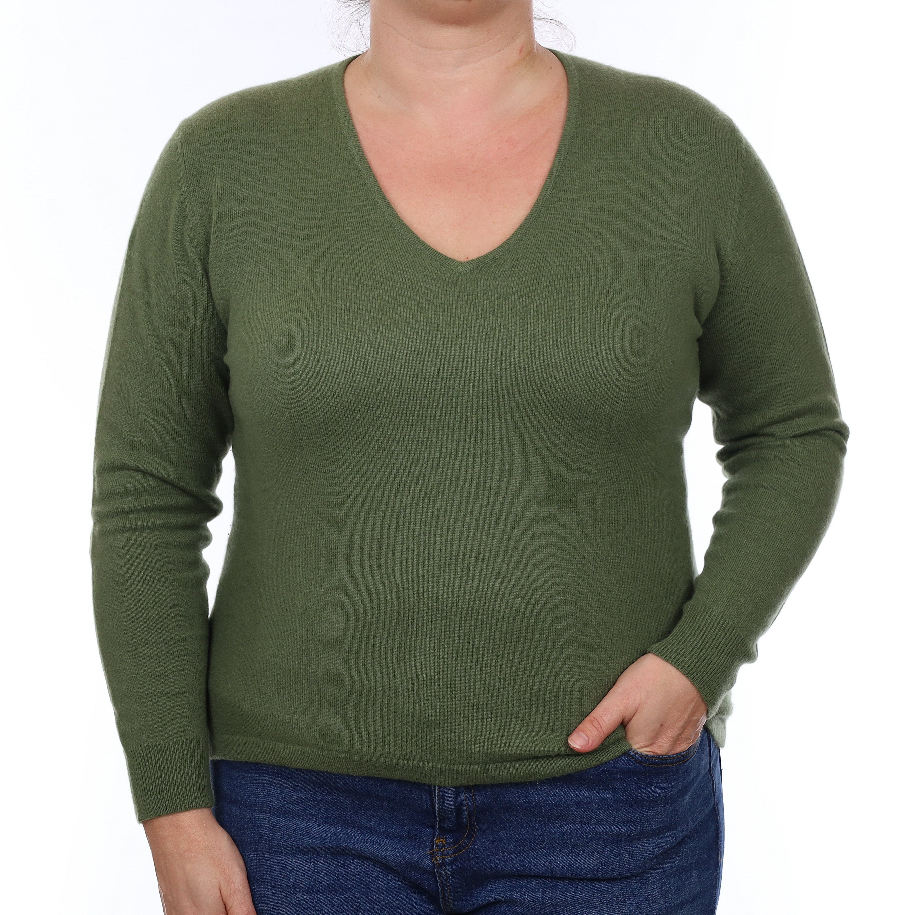 Moss Green Cashmere Boxy V Neck Jumper Large